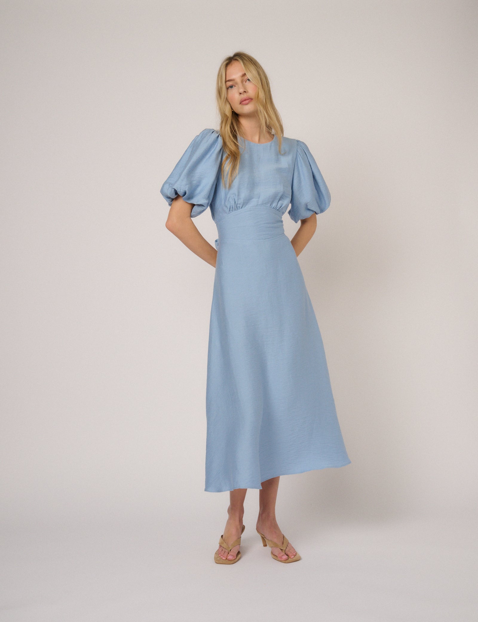 Blue Puff Sleeve Symran Midi Dress