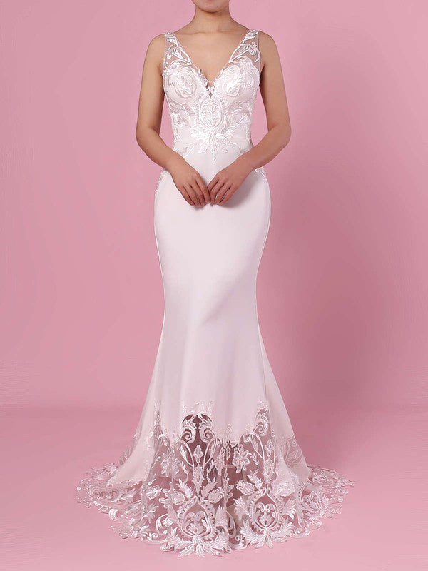 Fabulous V-Neck Sleeveless Tulle Silk-like Satin Sweep Train Mermaid Wedding Dresses