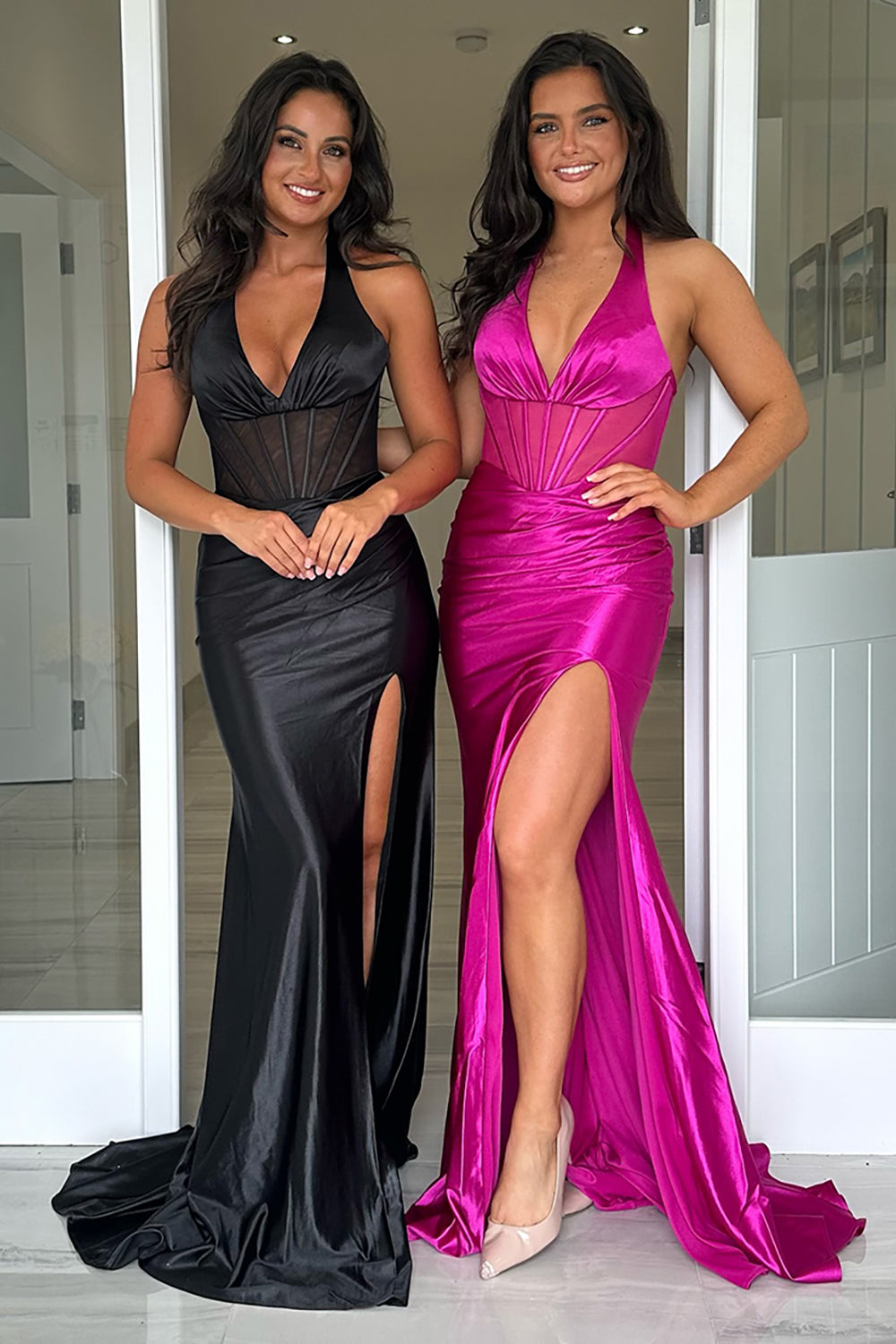 Long Fuchsia Meramid Satin Prom Corset Dress with Halter Neck and Slit