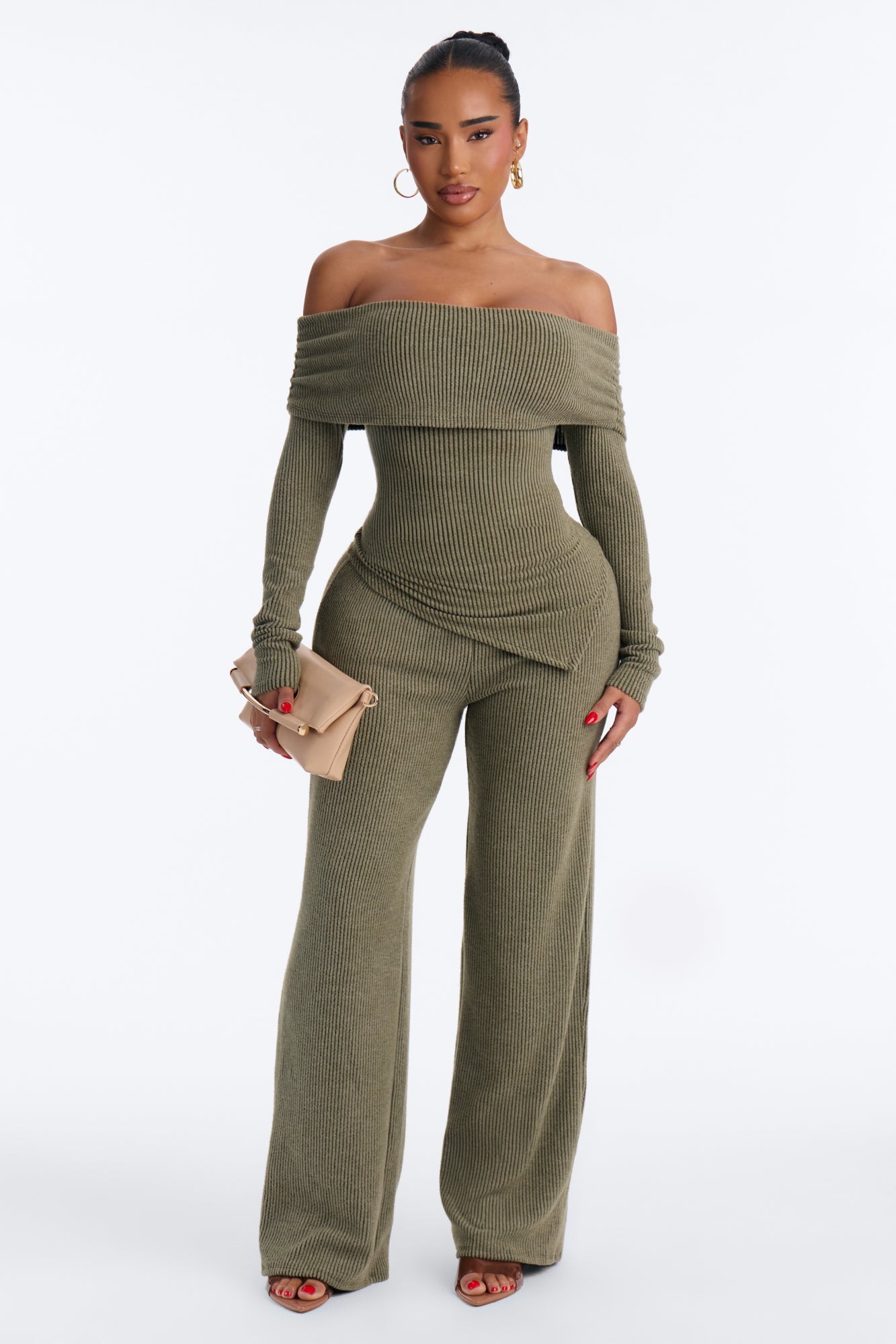 All Yours Off Shoulder Ribbed Pant Set - Olive