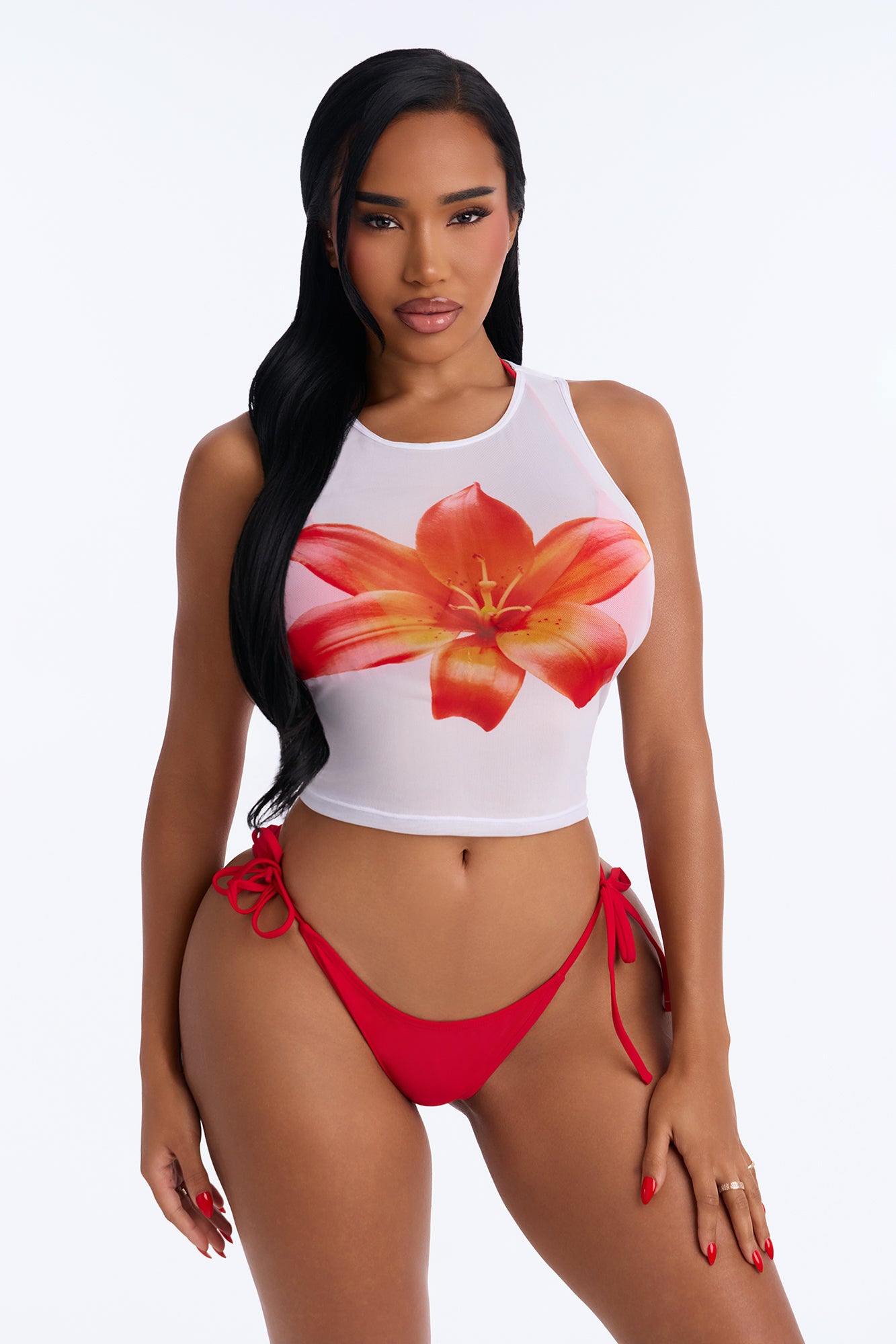Shady Business 4 Piece Triangle Bikini & Cover Up Sunsuit With Hair Clip - Red/combo