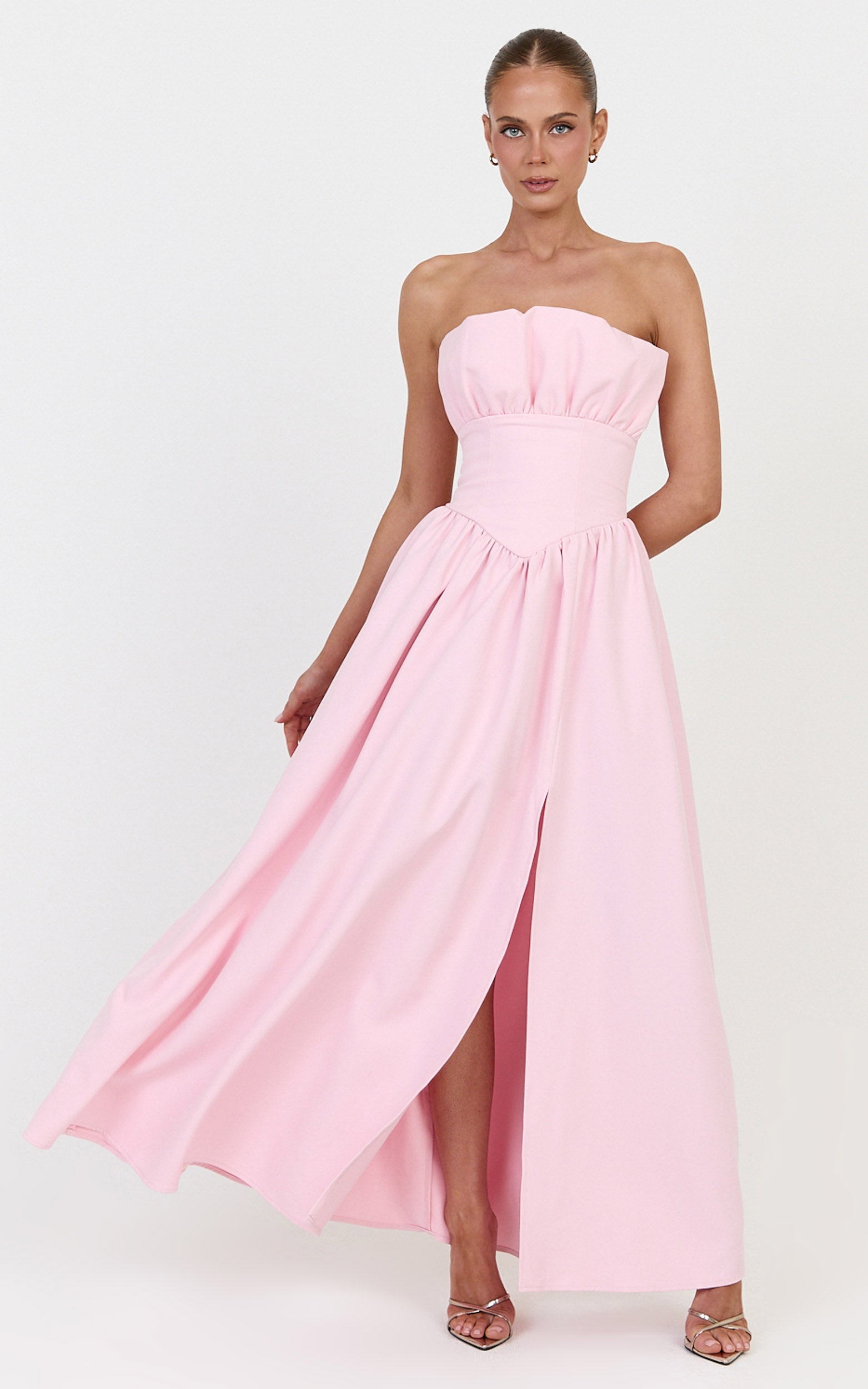 Juno Maxi Dress - Strapless Structured Ruffle Fit And Flare Dress in Ice Baby Pink