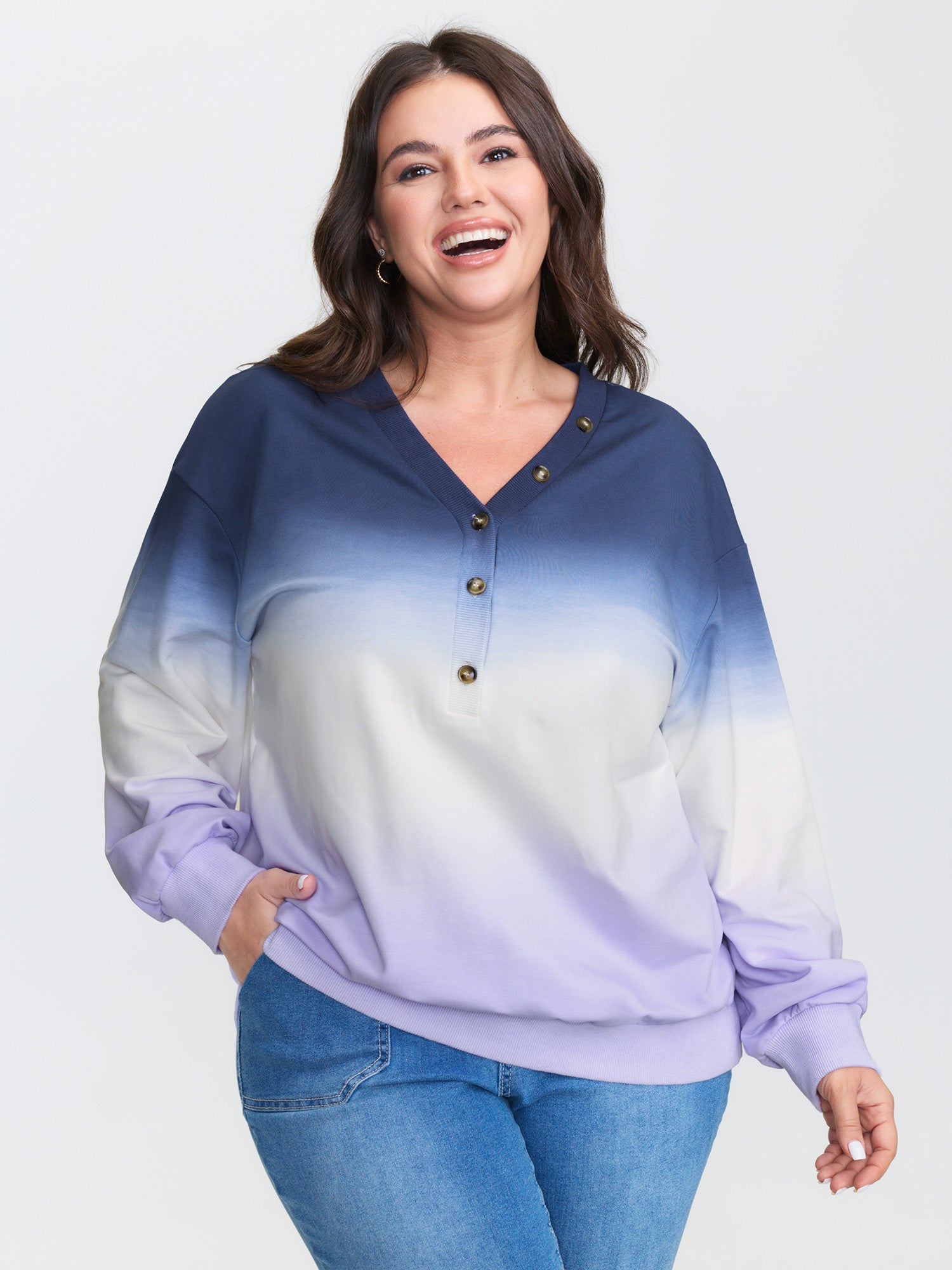 Color Gradient Ribbed Hem Button Sweatshirt