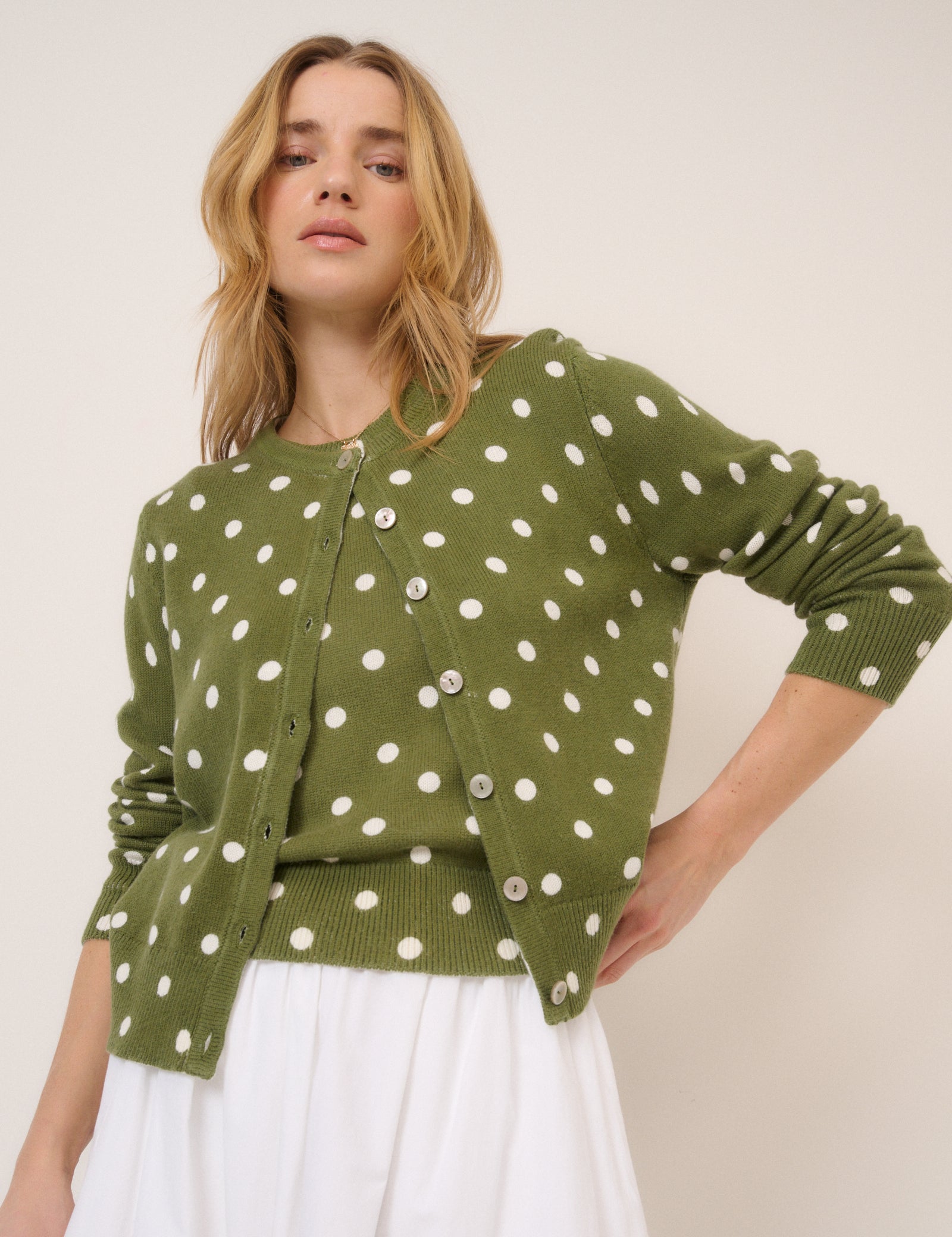 Green Polka Crew Neck Cardigan
