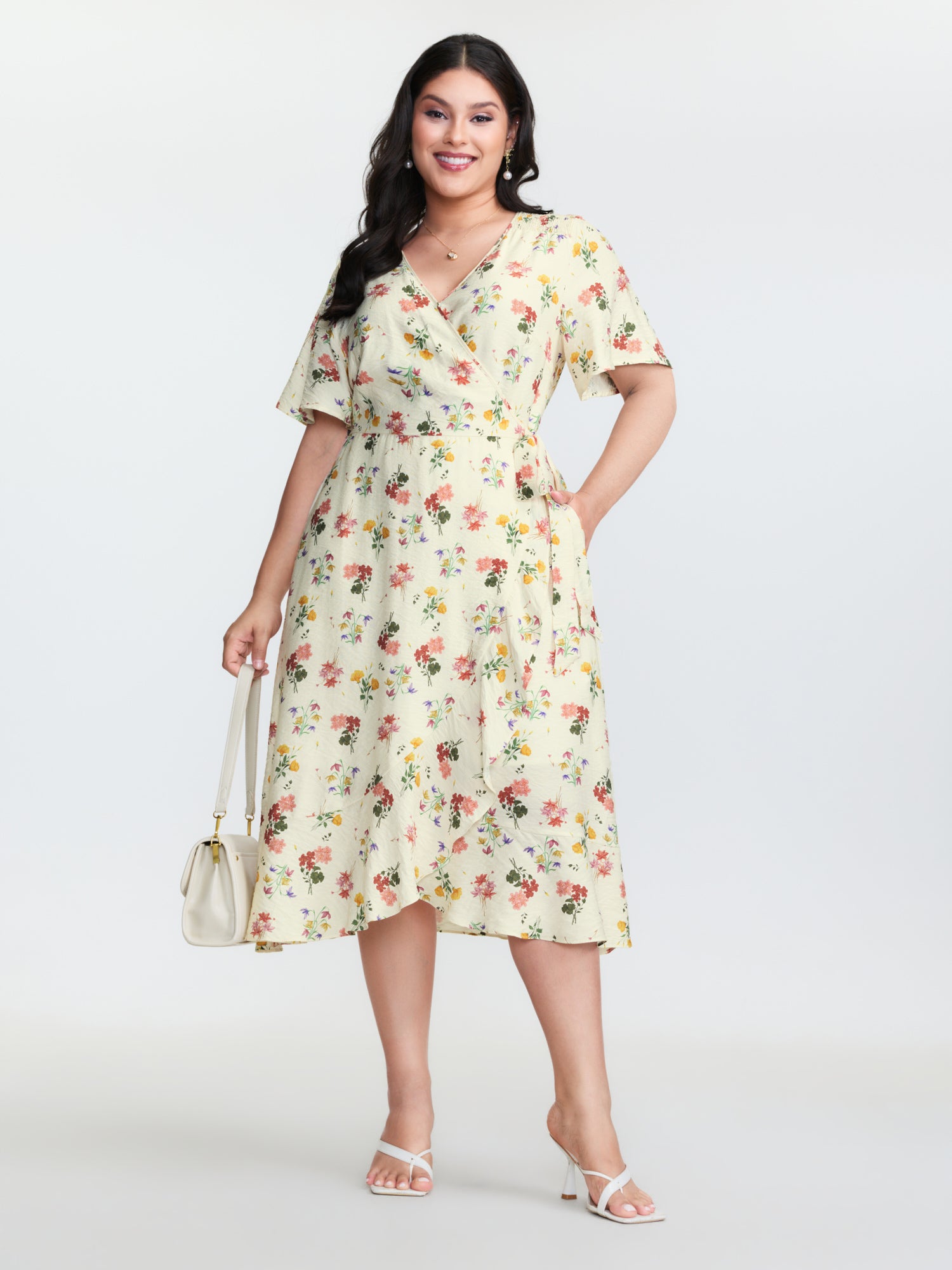 Floral Print Wrap Neckline Pockets Midi Dress