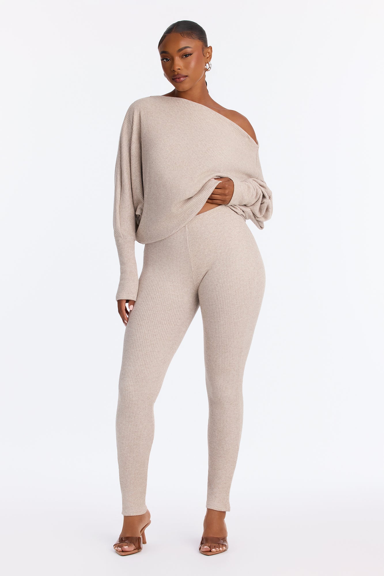 Camille Off Shoulder Hacci Legging Set - Oatmeal
