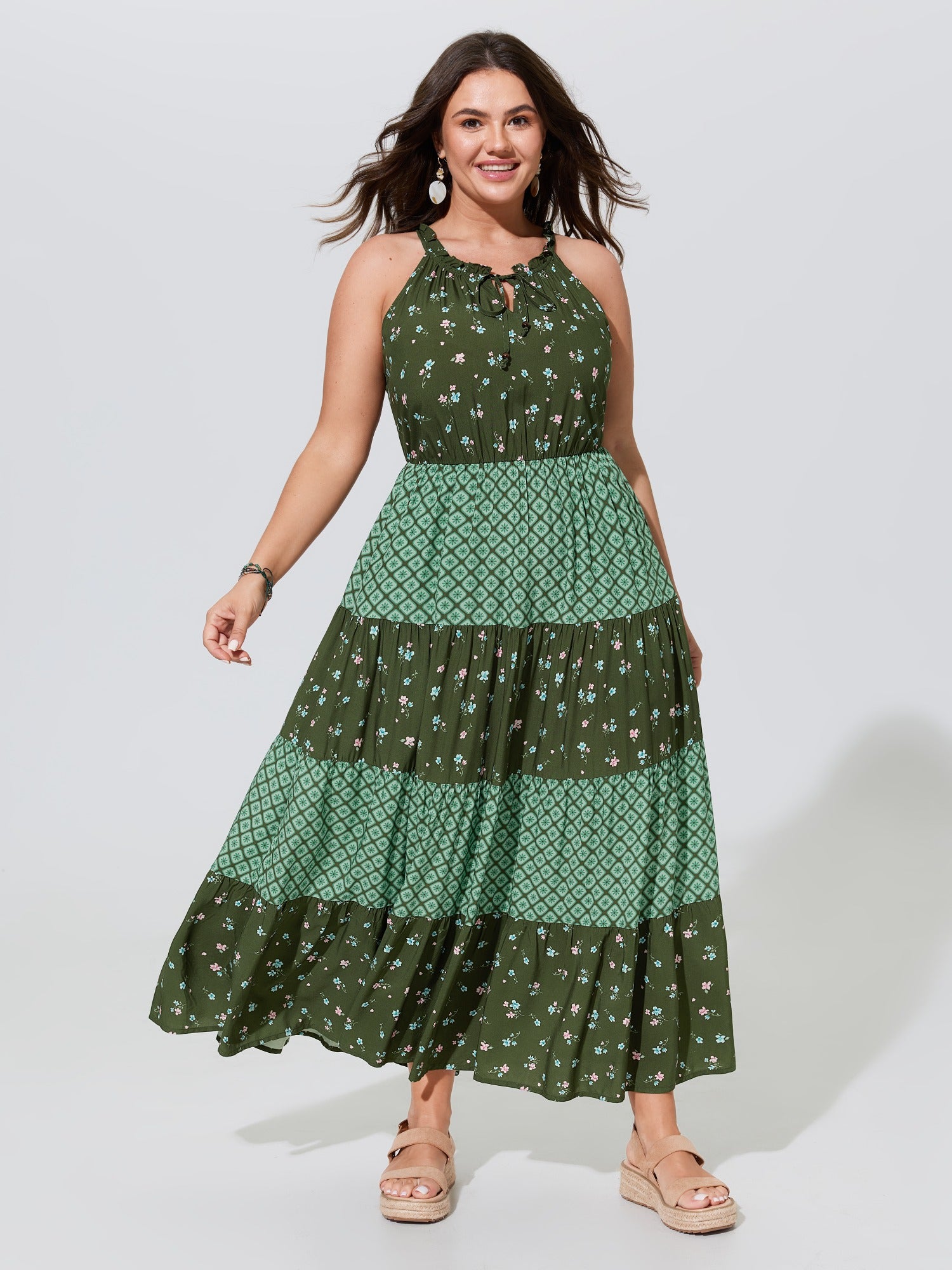 Supersoft Floral Print Patchwork Drawstring Tiered Maxi Dress