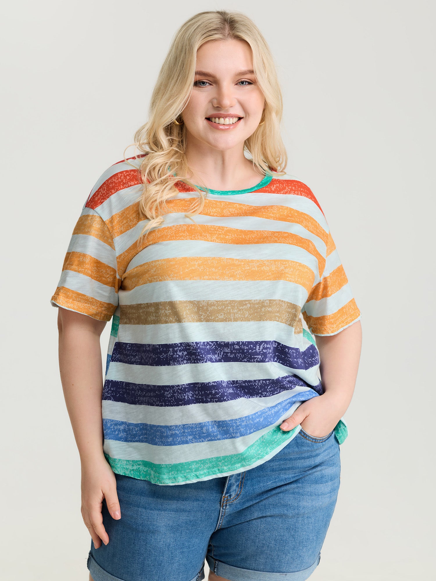 Multi-Color Stripe Print Round Neck T-Shirt