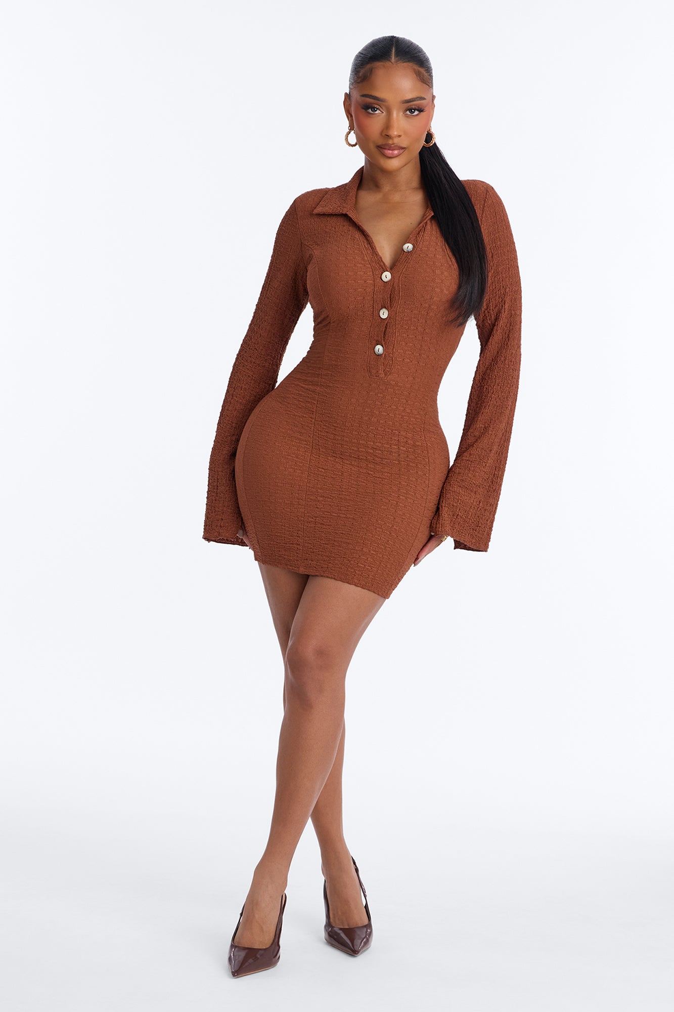 Edith Long Sleeve Textured Mini Dress - Brown