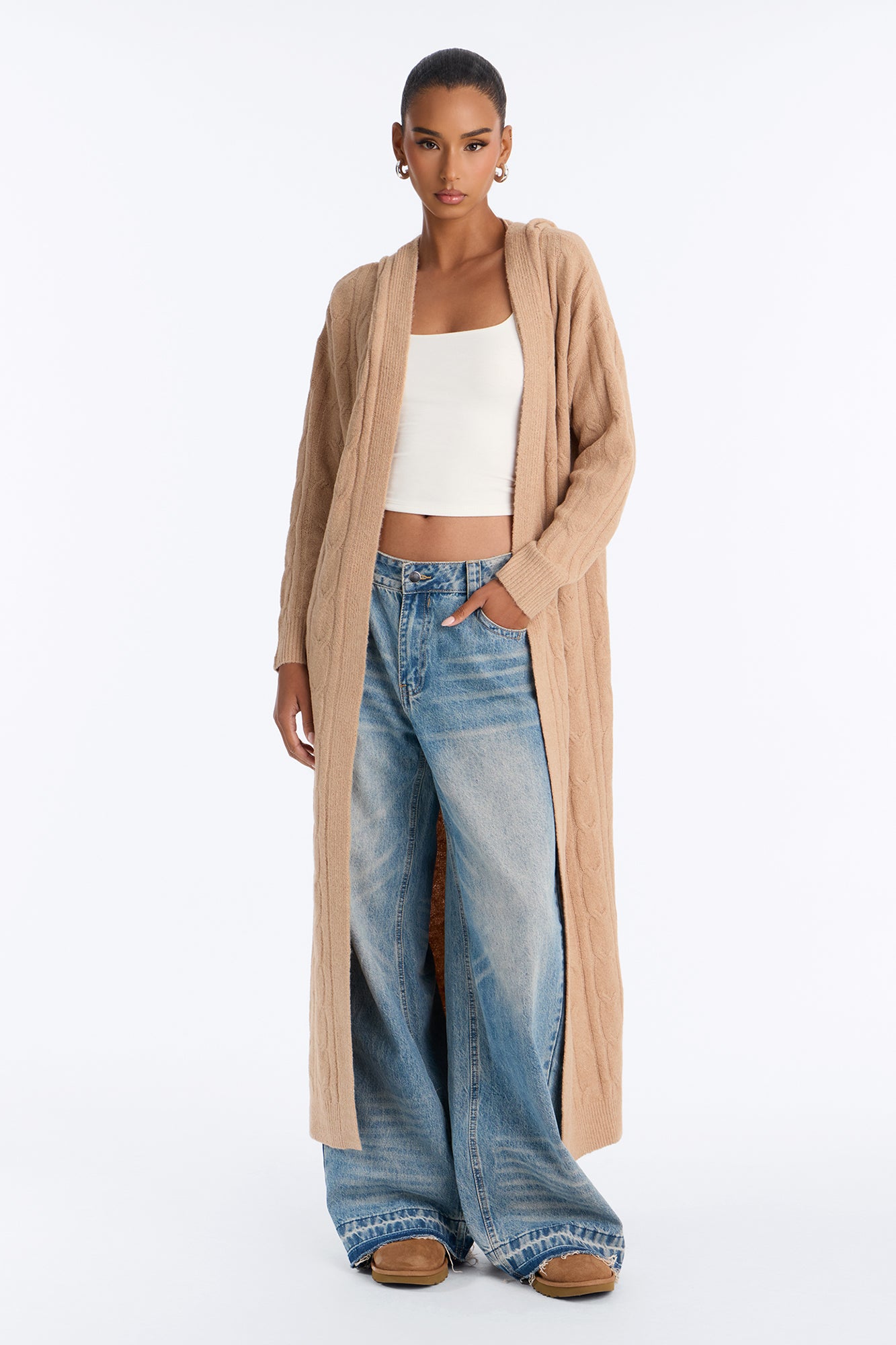 Chilly But Cute Hooded Long Cardigan - Taupe