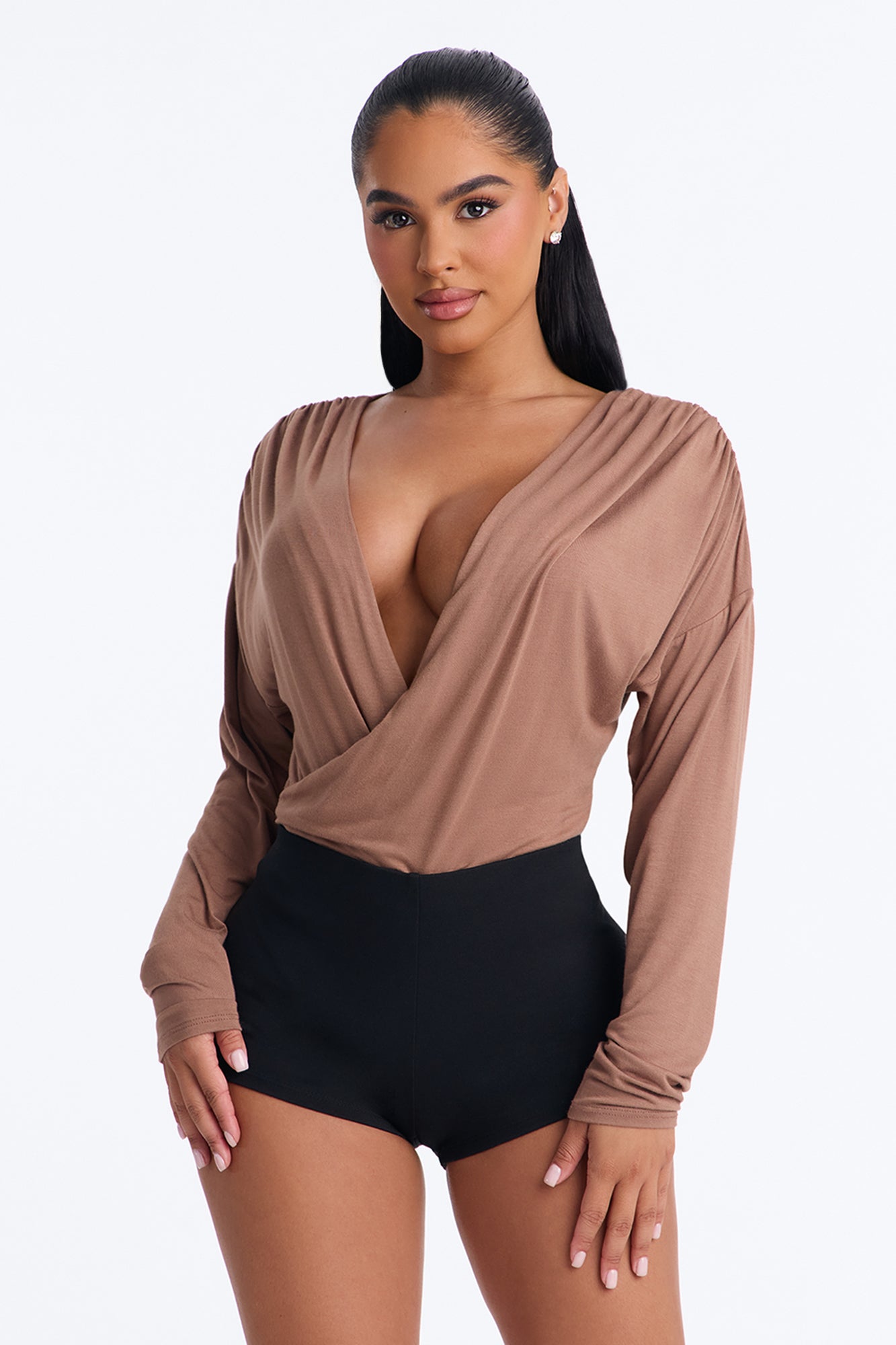 Sydney Ruched Surplice Long Sleeve Bodysuit - Brown