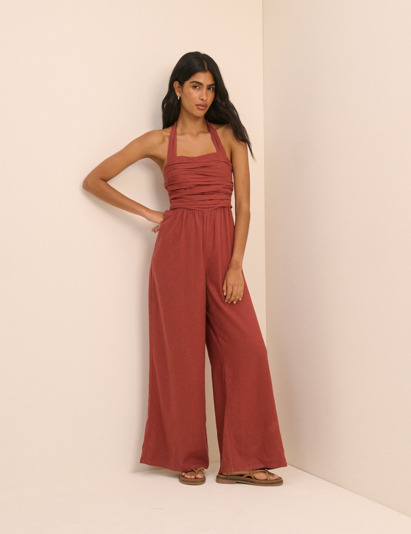 Red Halterneck Linen-Rich Lilah Wide Leg Jumpsuit