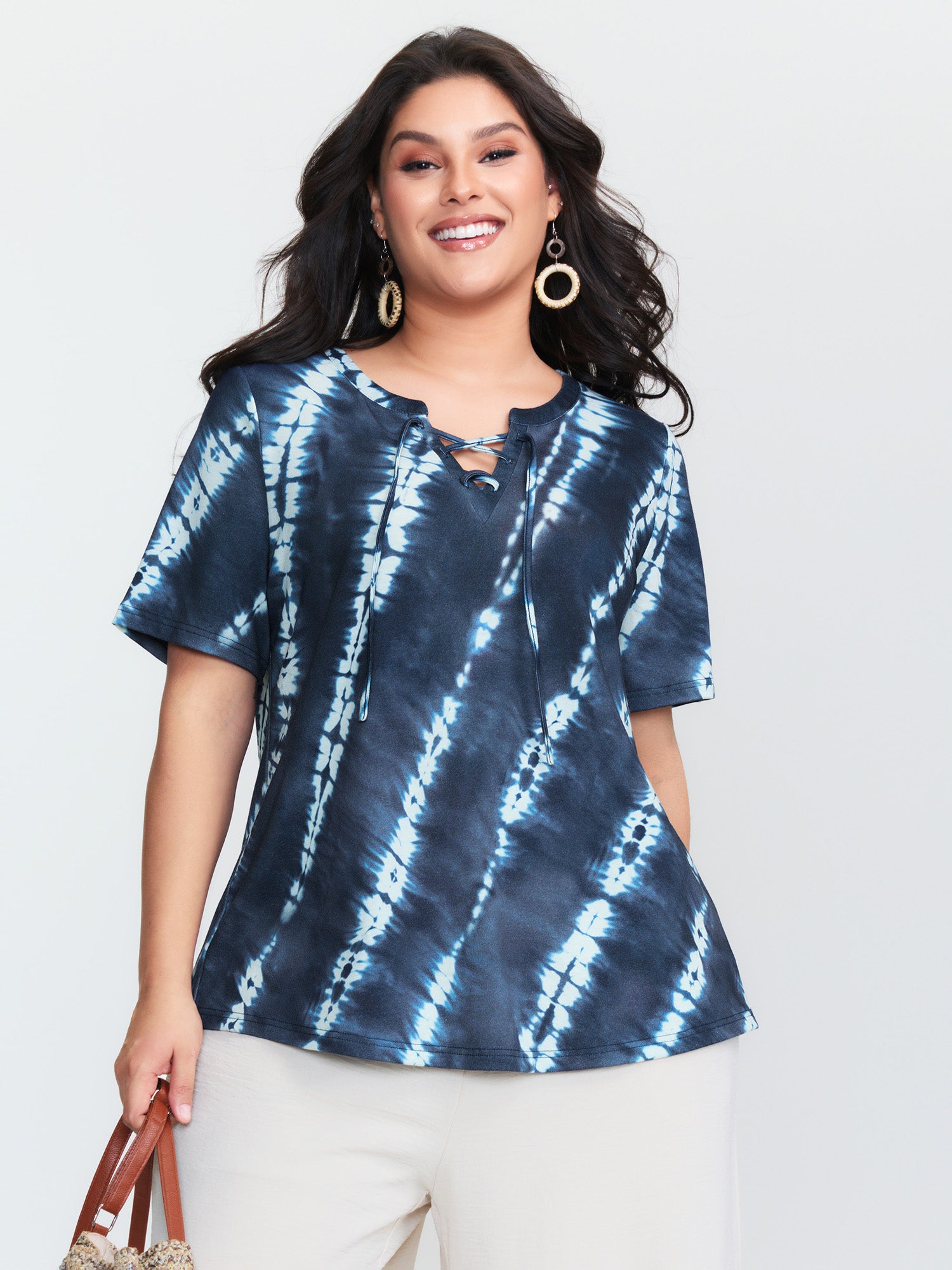 Tie-Dye Print Drawstring Neckline T-Shirt