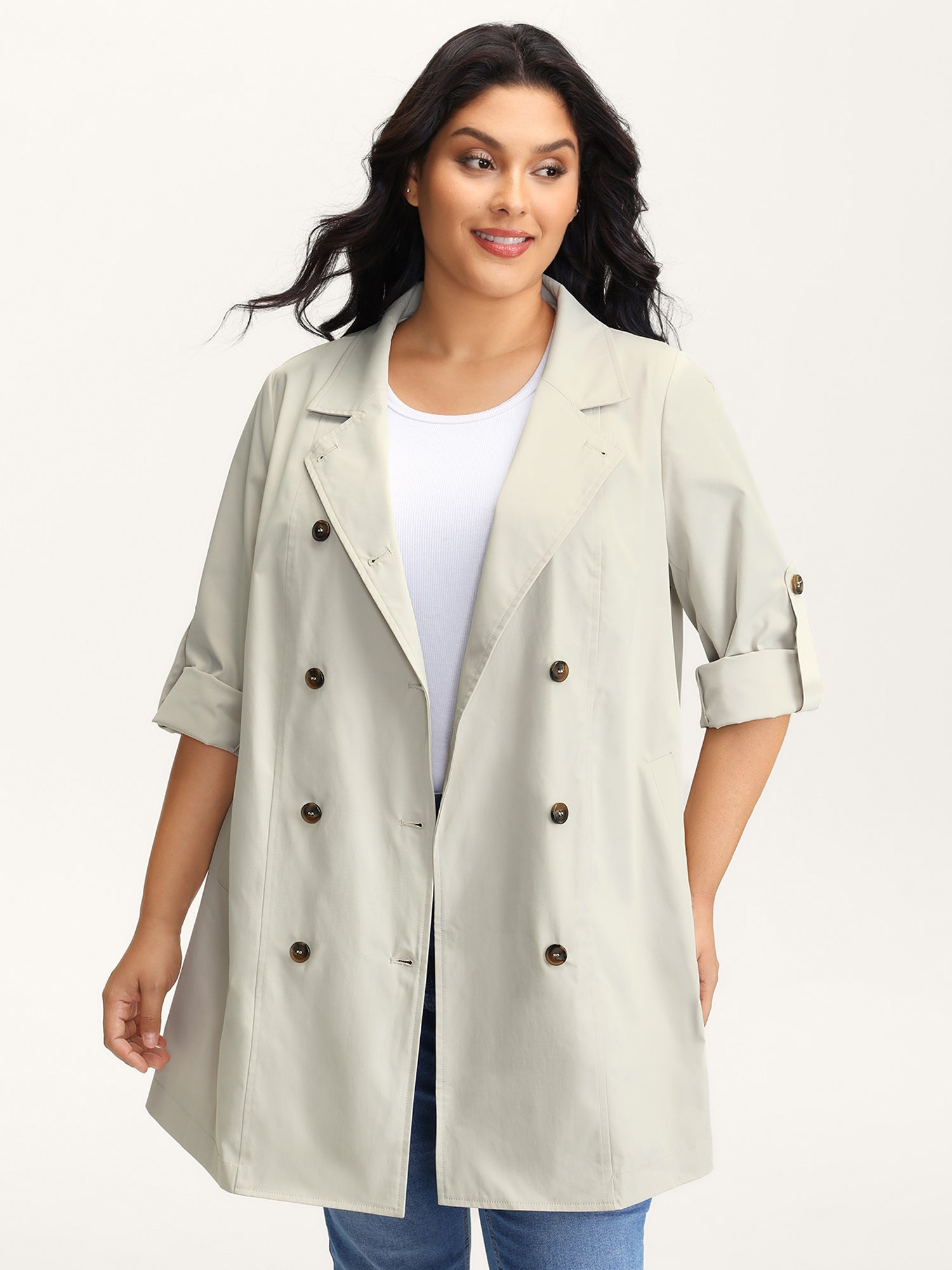 Tab Sleeve Pockets Button Trench Coat