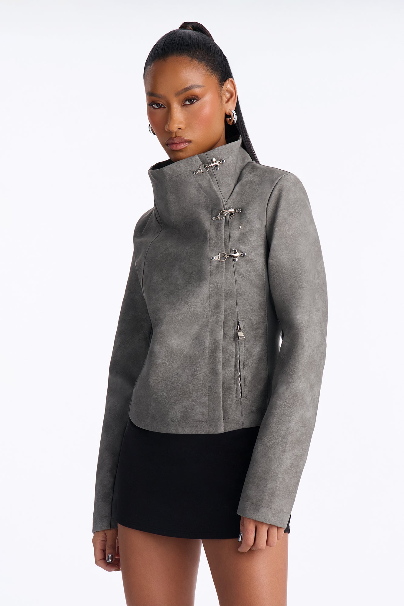 Matrix Triple Clasp Funnel Neck Moto Jacket - Grey