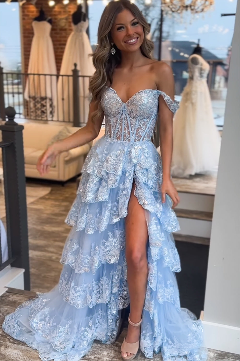 Blue Off-the-Shoulder Corset Prom Dress with A-Line Silhouette and Lace Ruffles