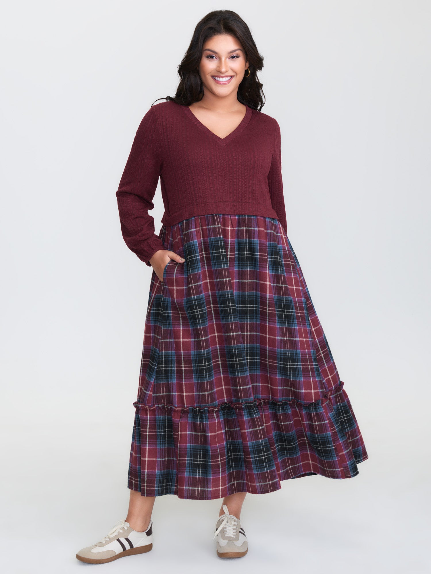 Plaid Print Textured Pockets Midi Dress