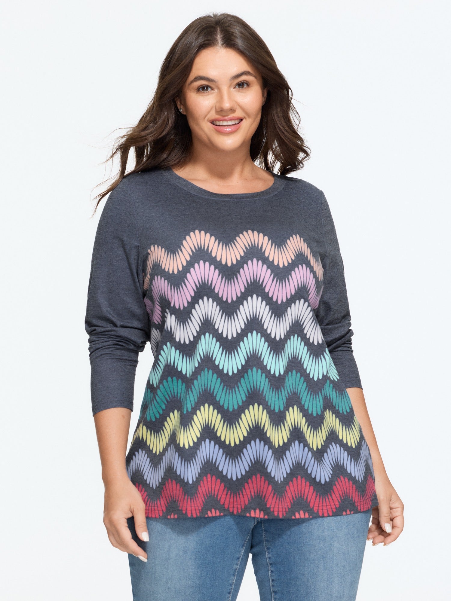 Supersoft Stretch Rainbow Chevron Print Long Sleeve T-Shirt