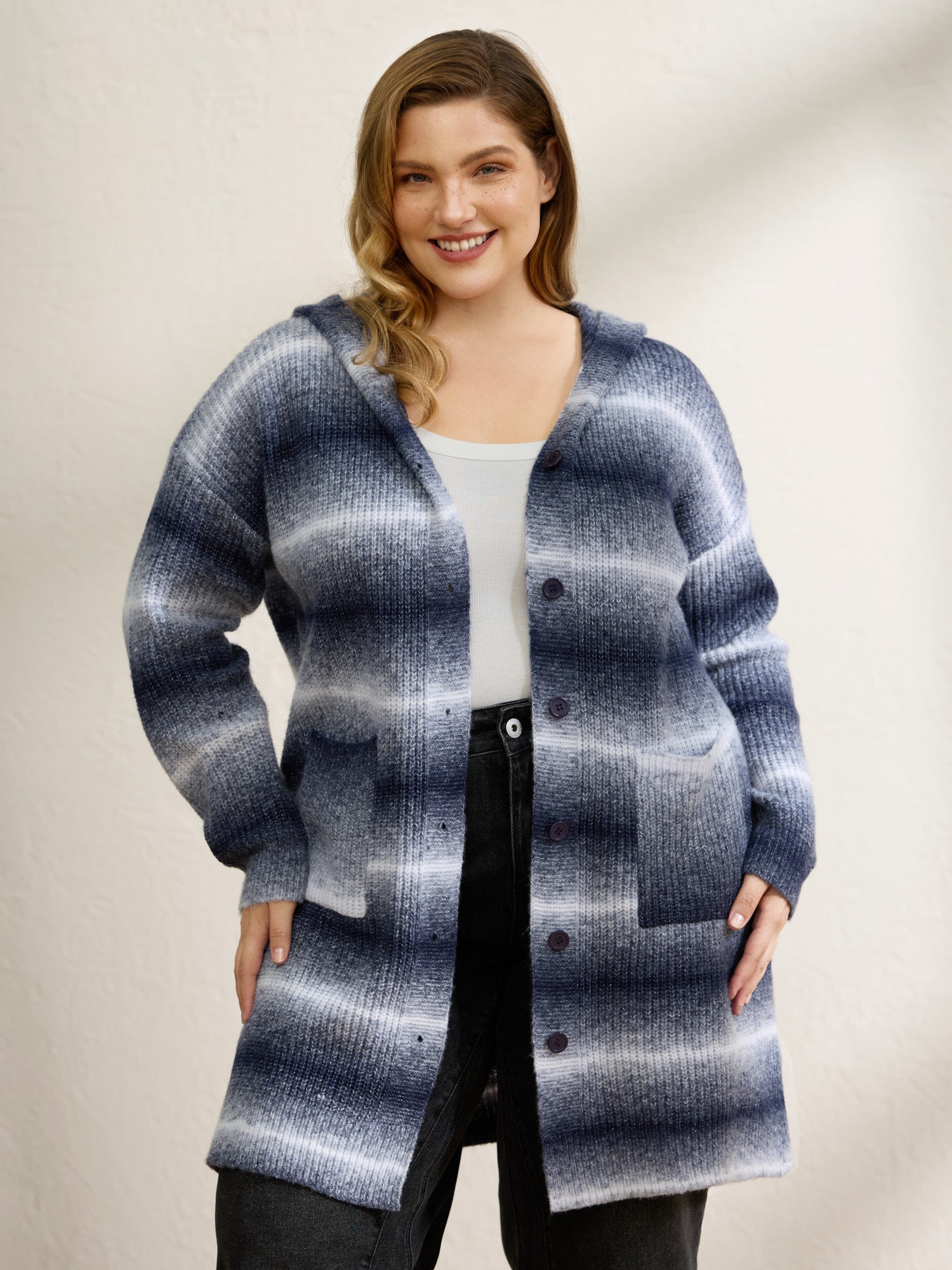 Color Gradient Textured Hooded Cardigan