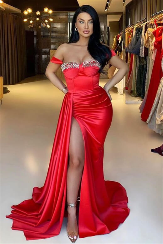 Red Mermaid Off-The-Shoulder Beadings Sweetheart Evening Dress Long With Ruffles Split