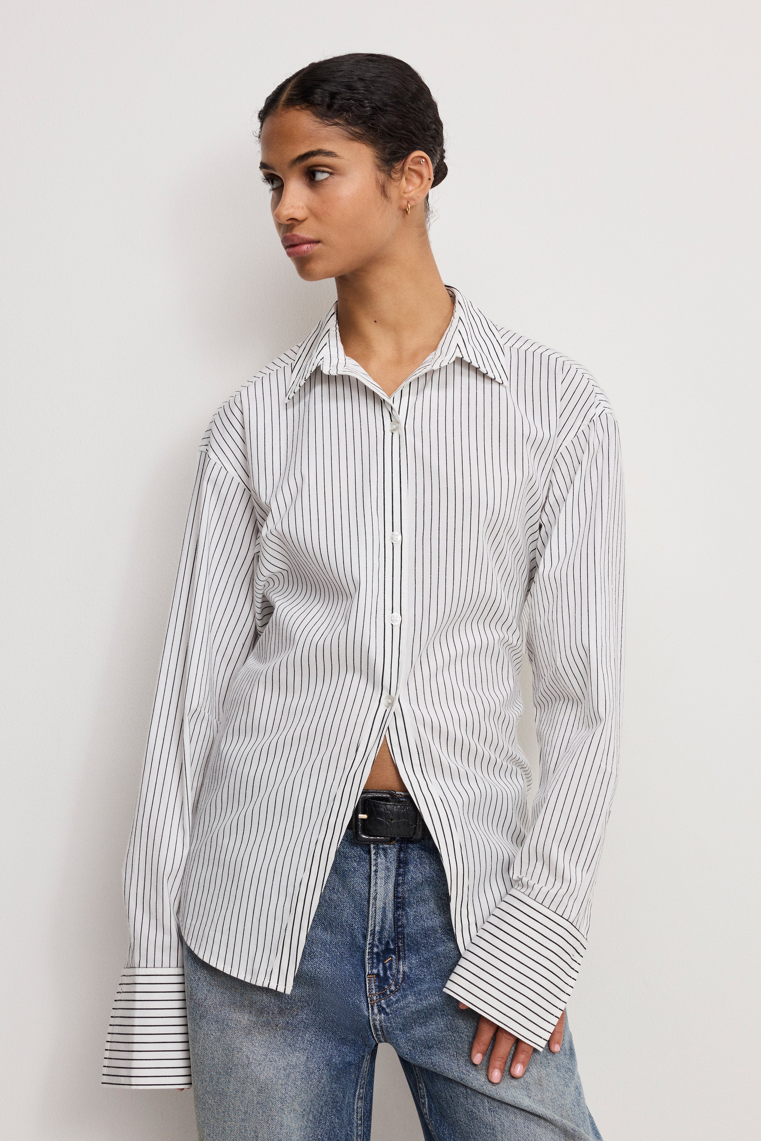 POPLIN TIE BACK SHIRT | BCW PINSTRIPE001