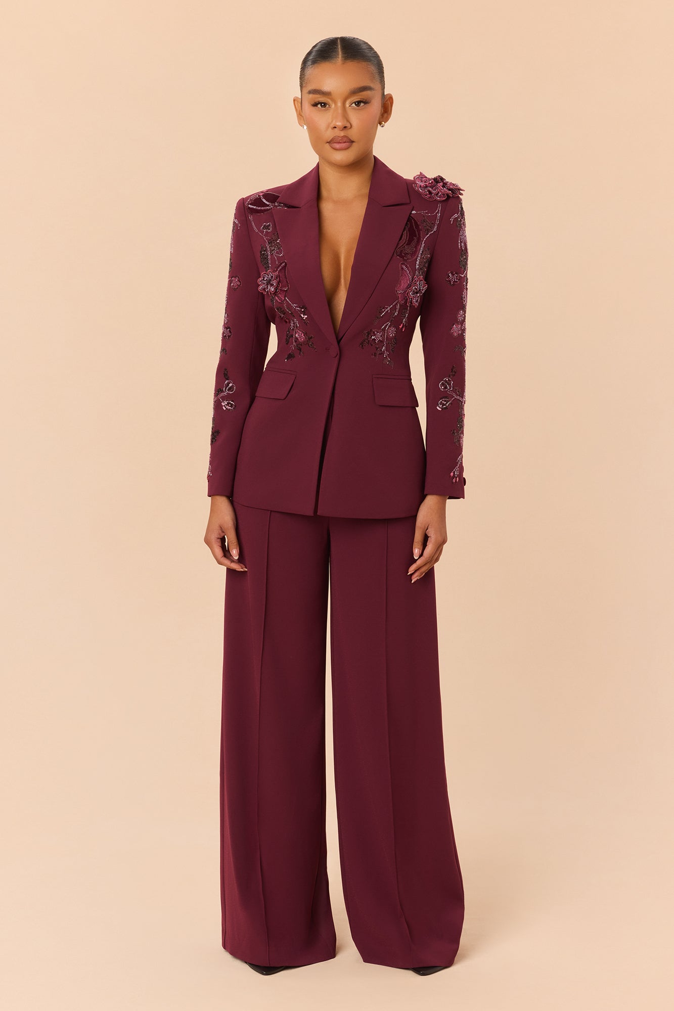 Indie Embellished Blazer Pant Set - Plum
