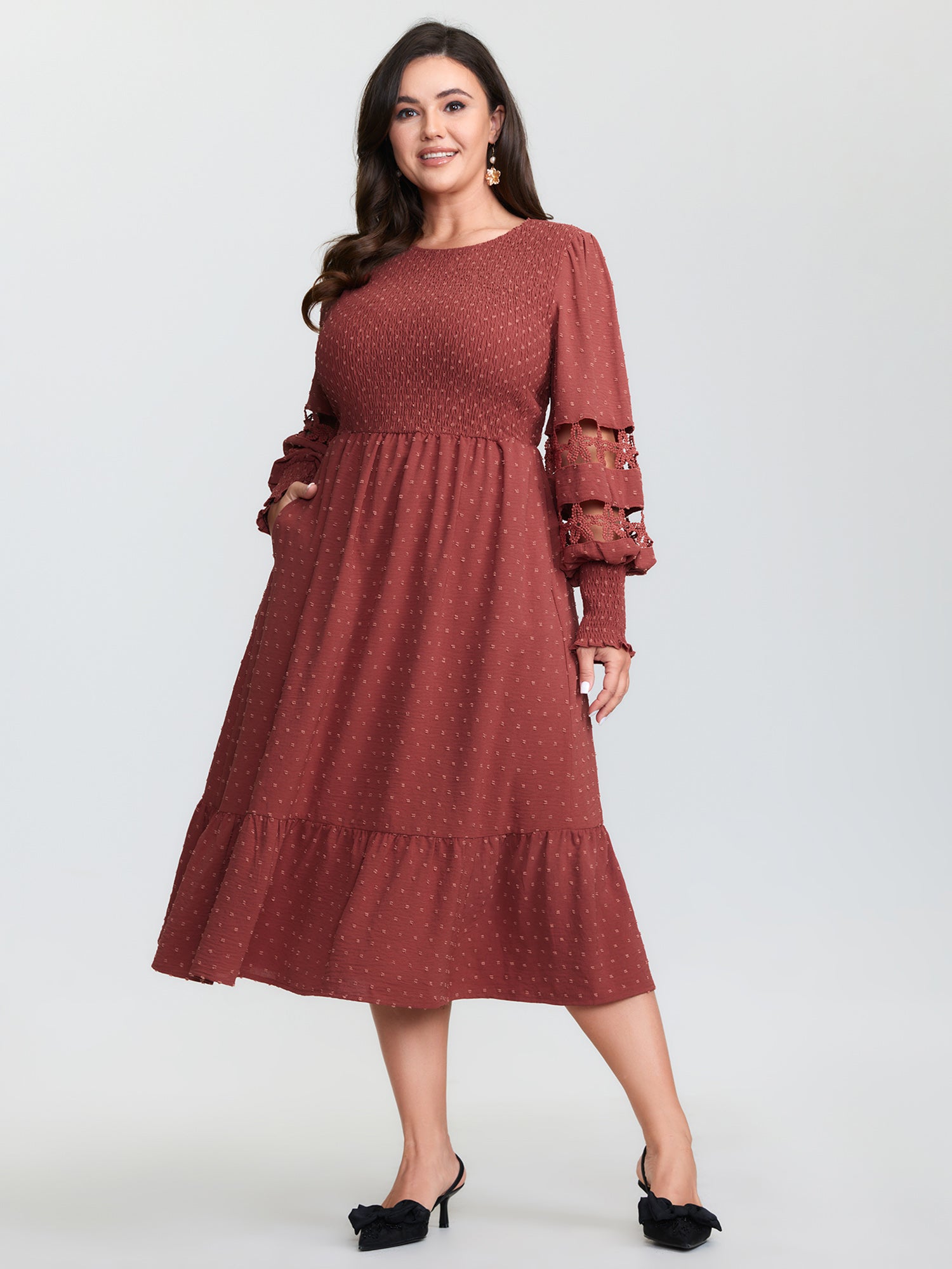 Cut-Out Lace Textured Pockets Midi Dress