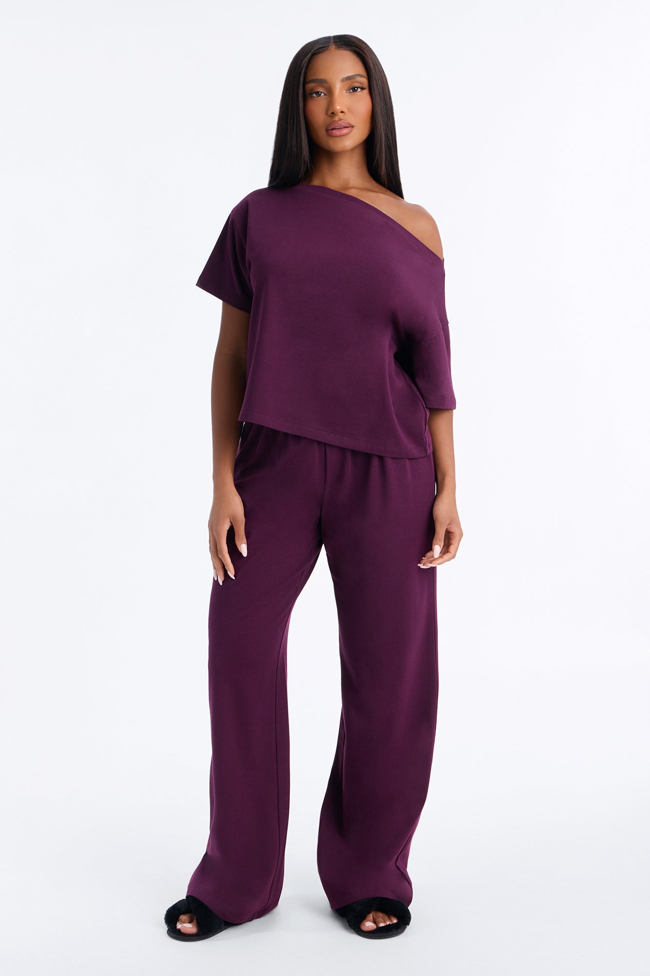 FN Mood Cotton Off The Shoulder Wide Leg PJ Pant Set - Plum
