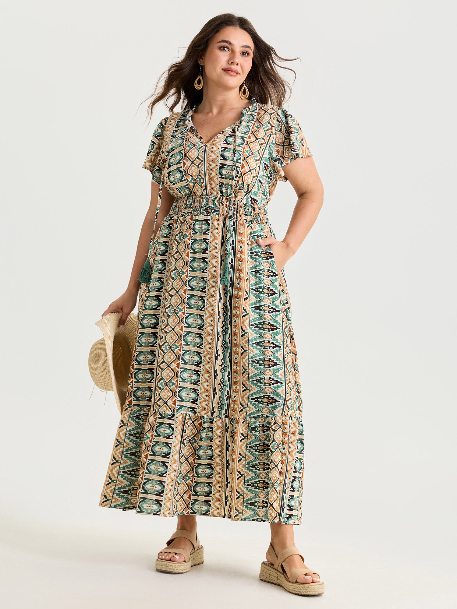 Boho Geometric Print Ruffled Neckline Maxi Dress