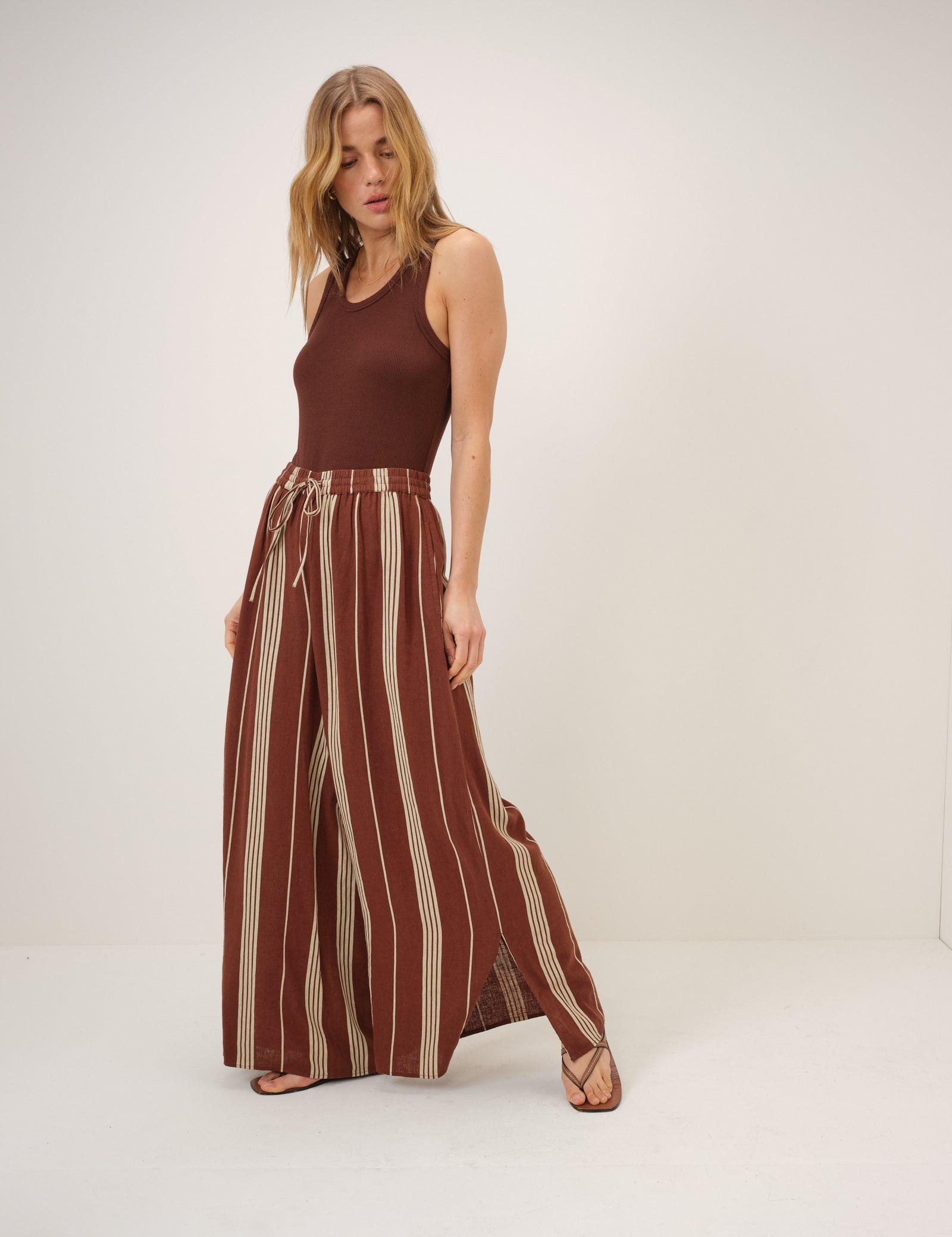 Brown Striped Linen-Rich Split Hem Trousers