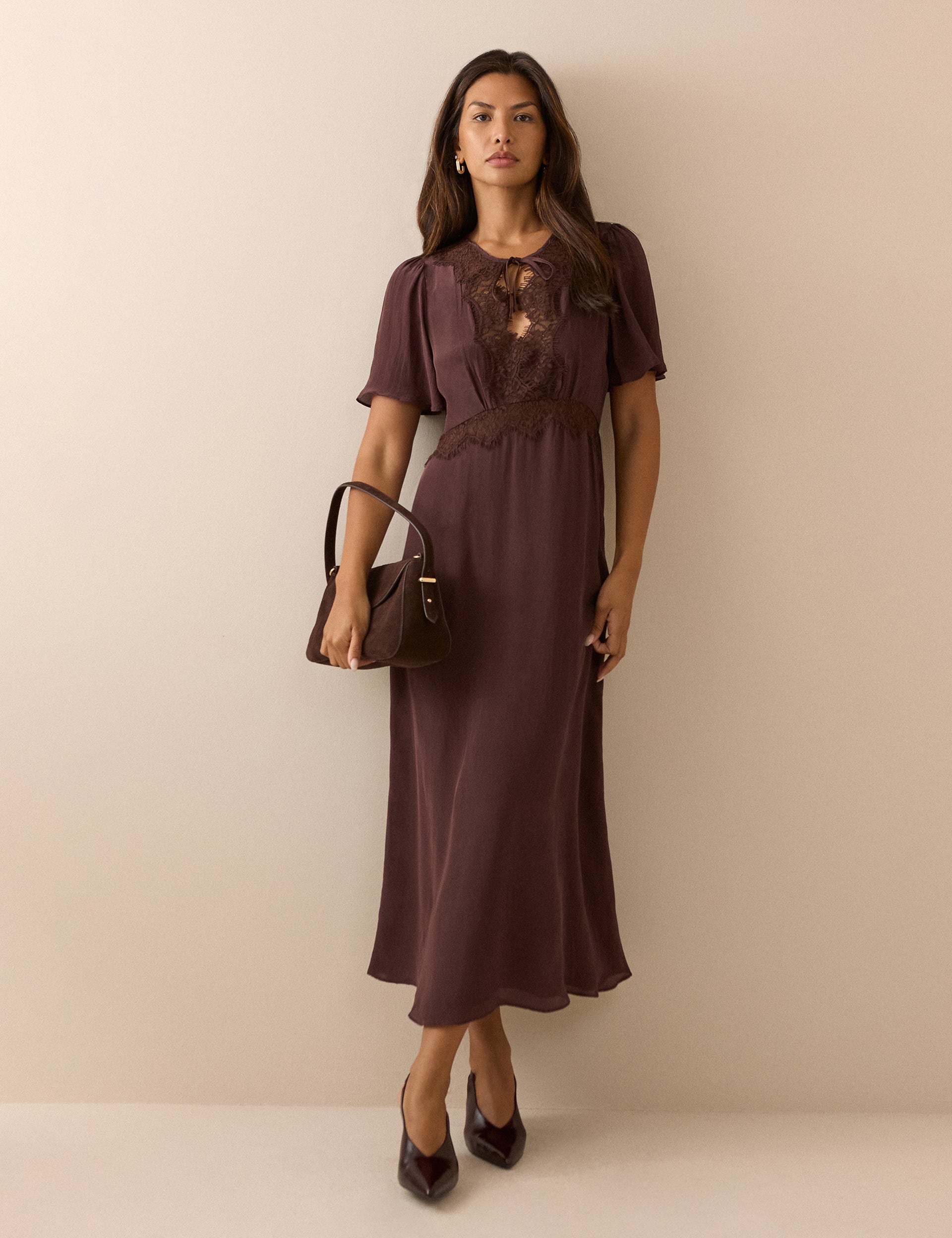 Brown Lace Trim Wynne Midi Dress