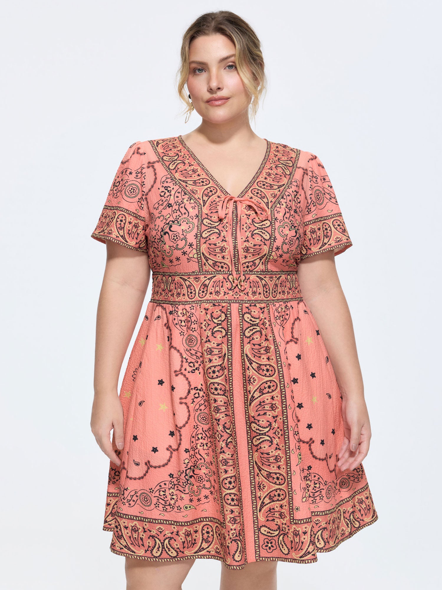 Paisley Print Neck-Tie Shirred Mini Dress