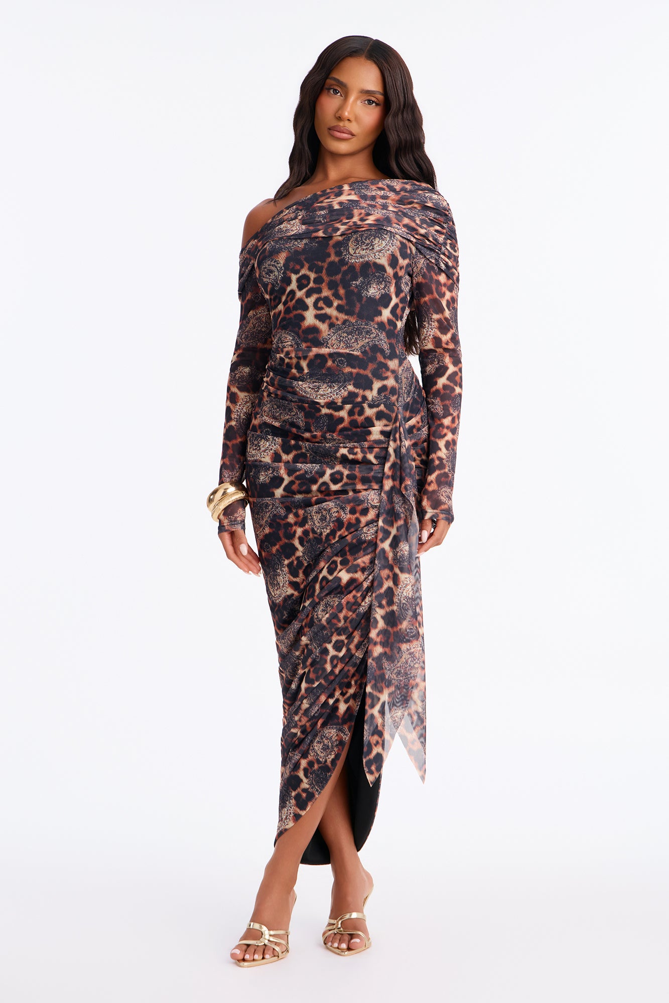 Timeless Beauty Leopard Ruched Mesh Midi Dress - Leopard