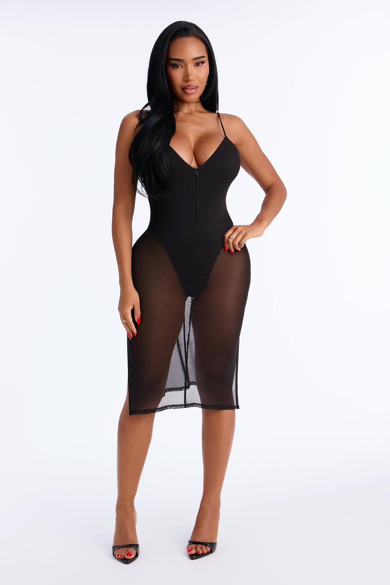 Samone Mesh Sheer Midi Dress - Black