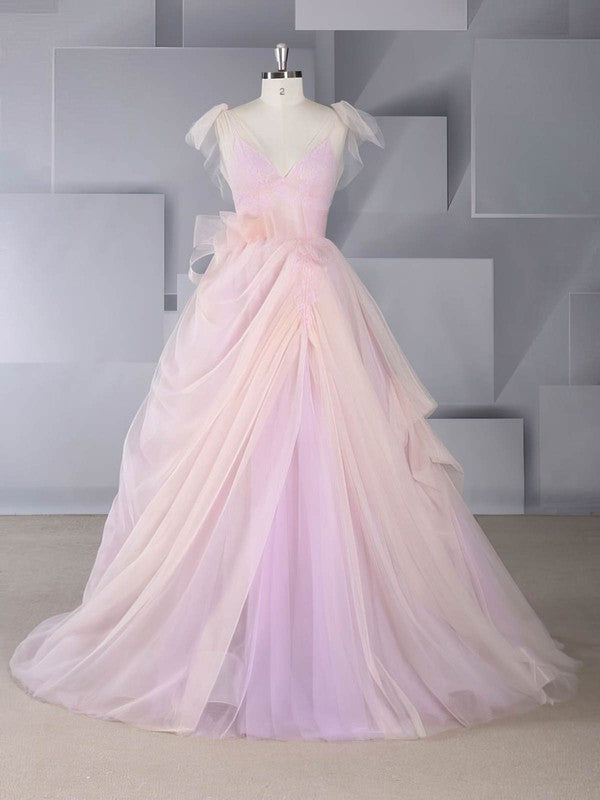 Chic Ruffles V-Neck Tulle Ball Gown Wedding Dresses with Sweep Train