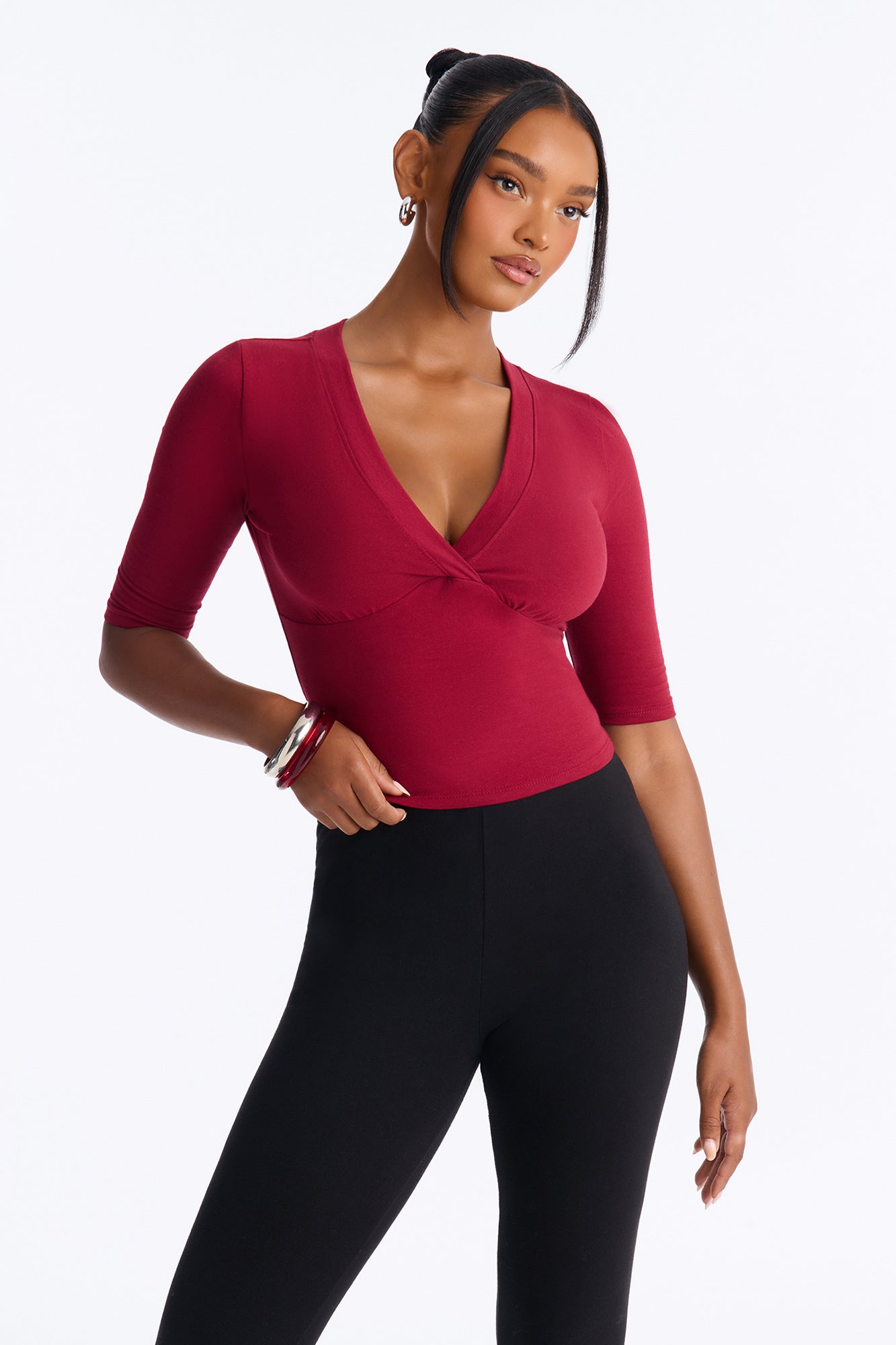 Kate Elbow Sleeve V-Neck Top - Wine