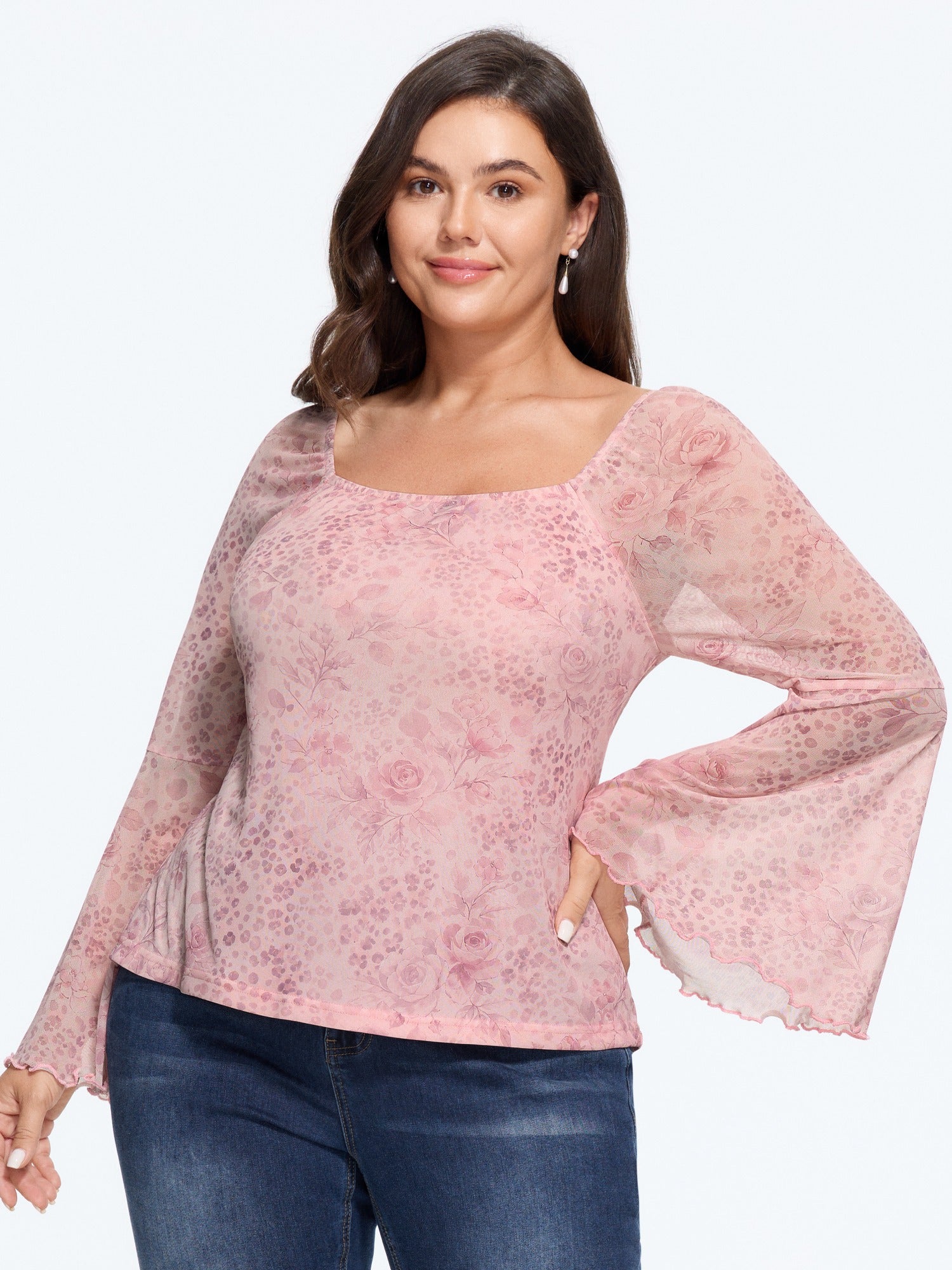 Romantic Floral Print Flare Sleeve Mesh Top
