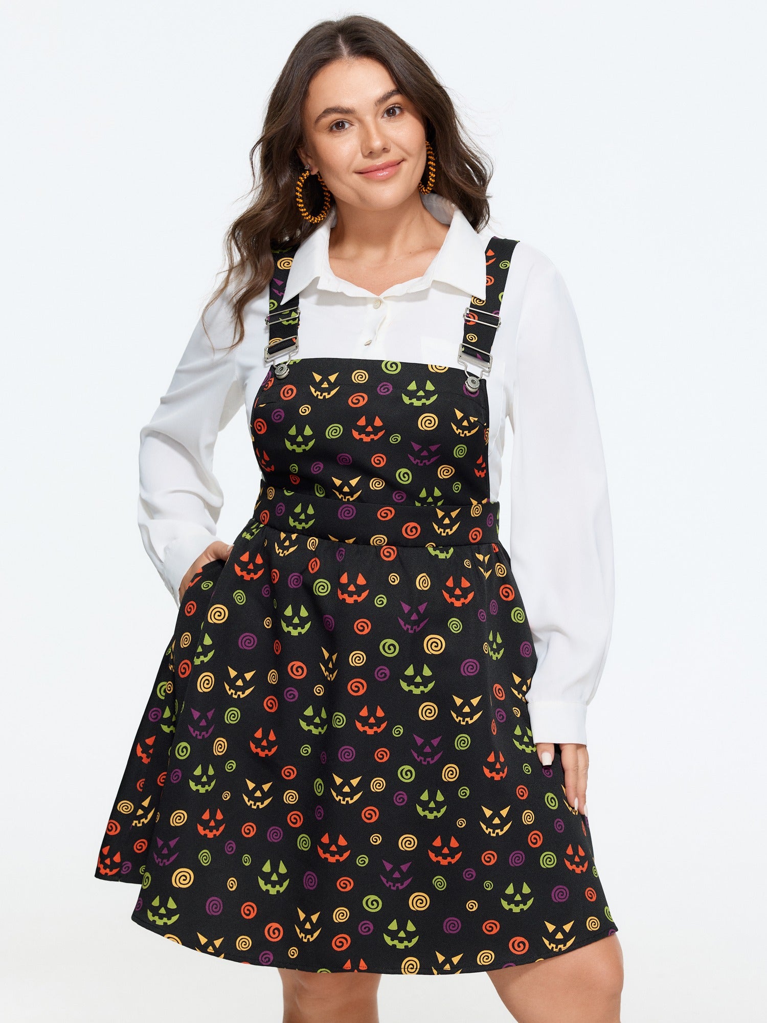 Pumpkin Jack‑O‑Lantern Print Adjustable Suspender Overall Mini Dress