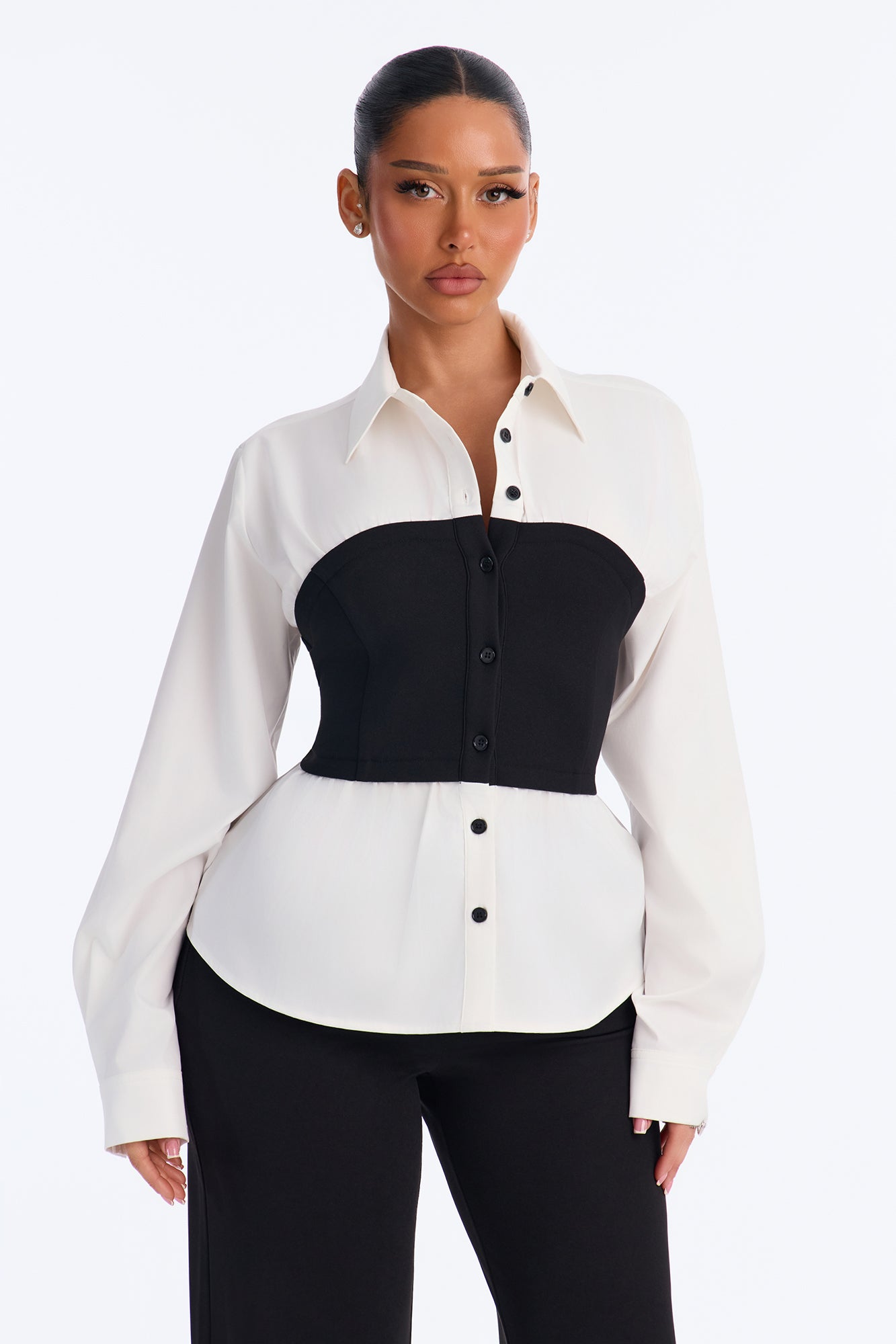 Mira Contrast Waist Button Up Shirt - White/Black