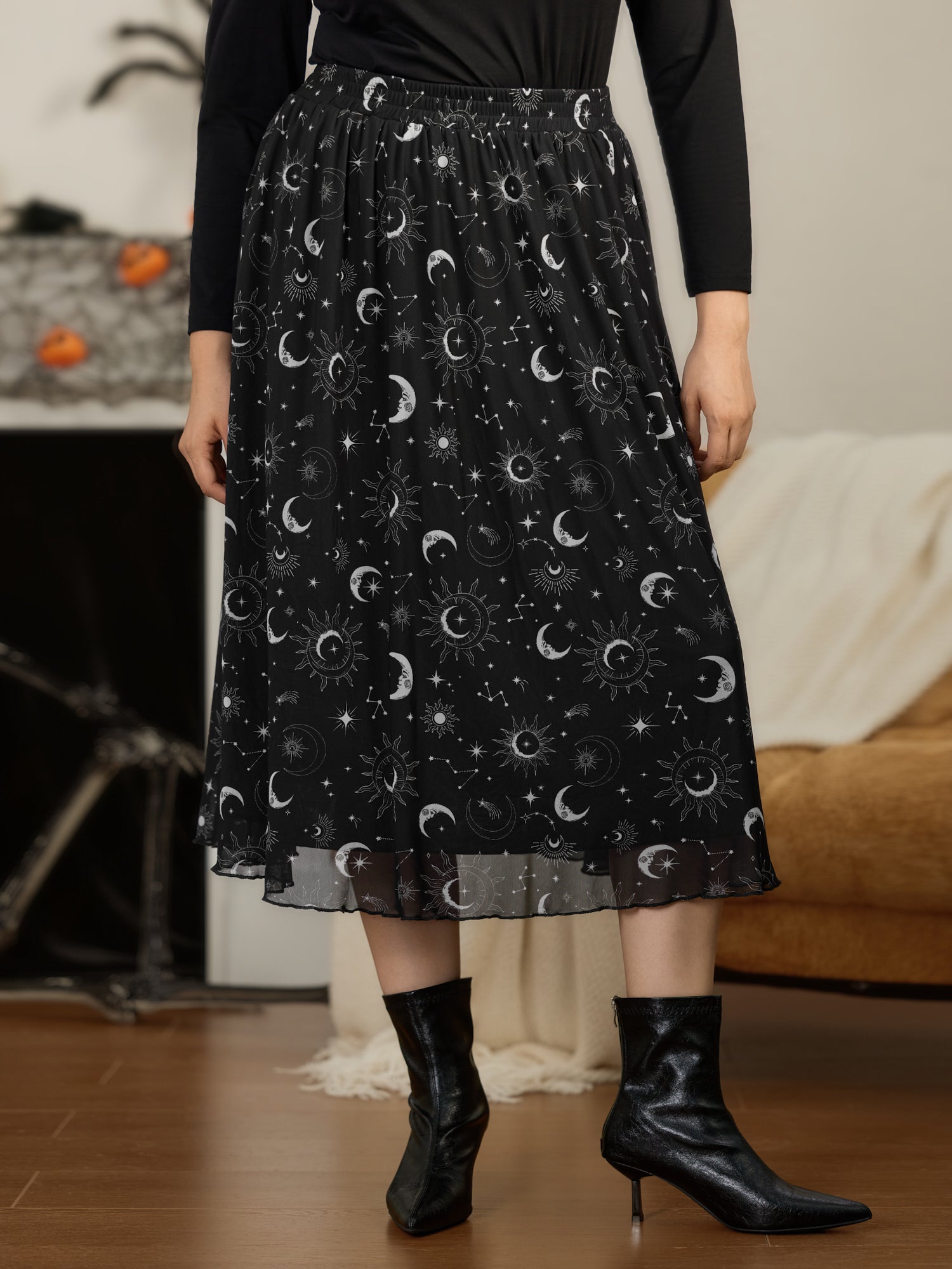 Sun Moon Constellation Print Mesh Flowy Maxi Skirt
