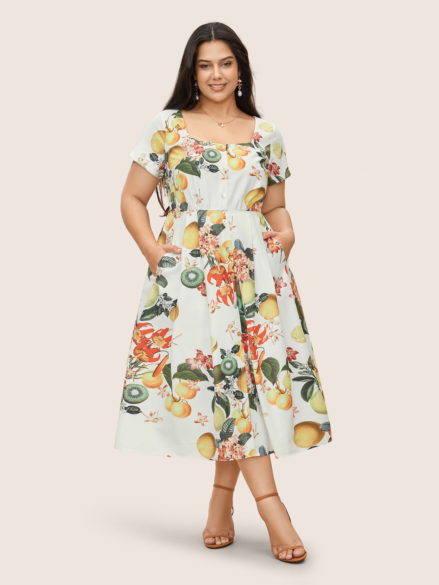 Citrus Square Neck Fruit Print Button Detail Dress