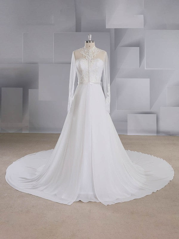 Deluxe High Neck Long Sleeves Chiffon Court Train Wedding Dresses