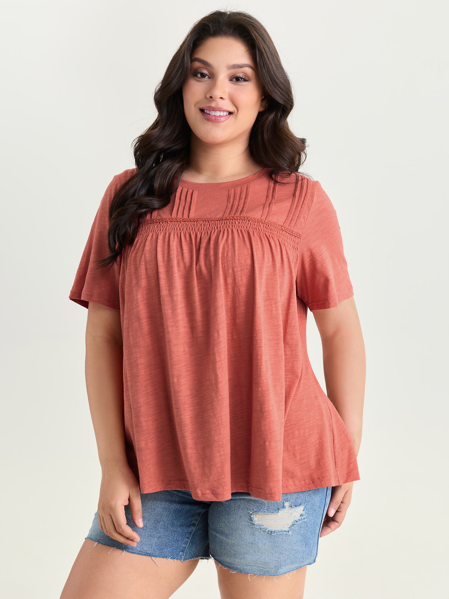 Cotton Stretchy Lace Trim Flowy T-Shirt