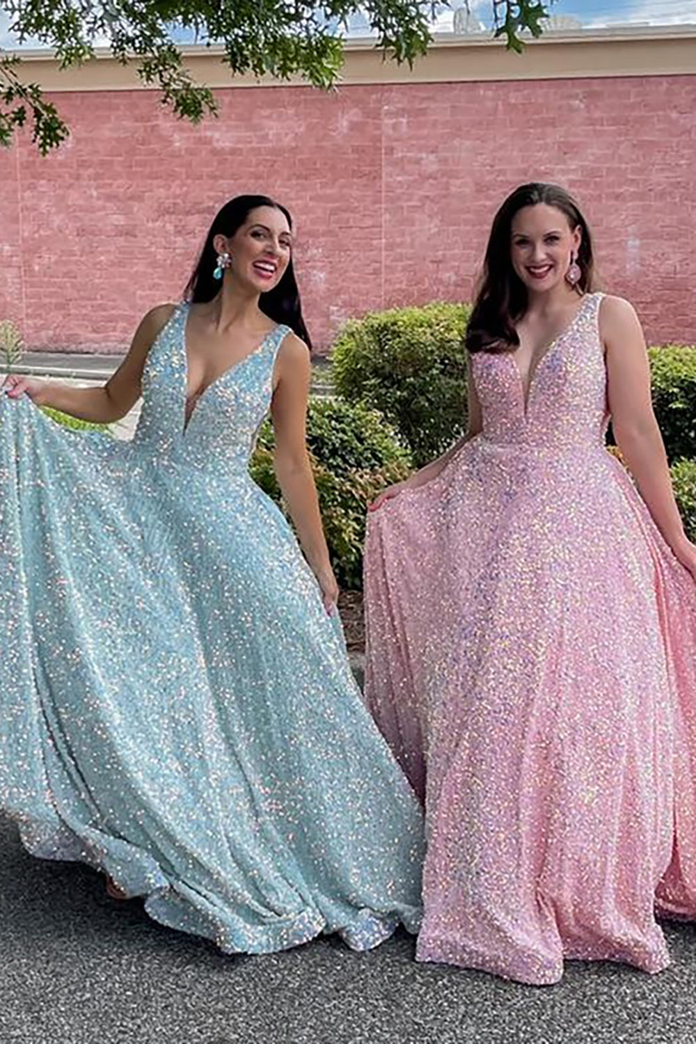 Princess V Neck Long Prom Dress with Sparkly Pink Sequins