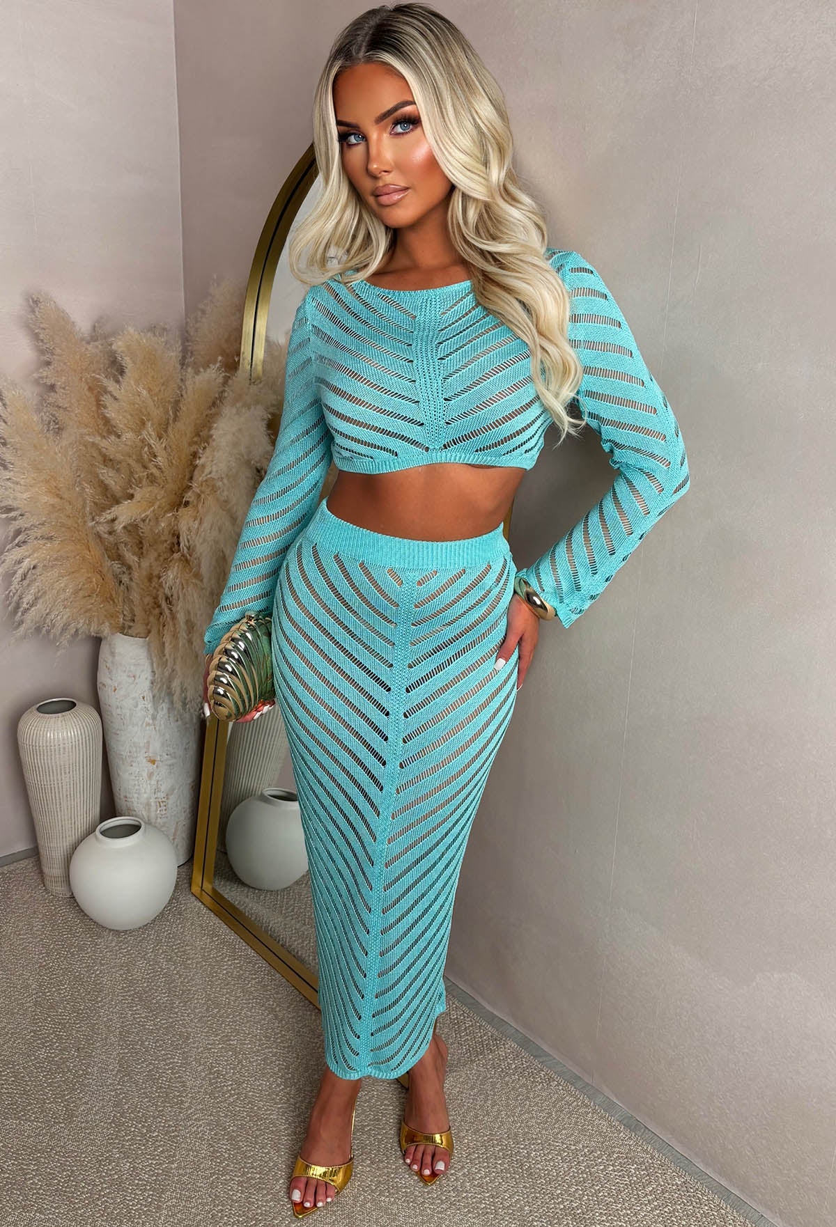 Summer Kisses Teal Sheer Knit Midi Skirt Co-Ord Set