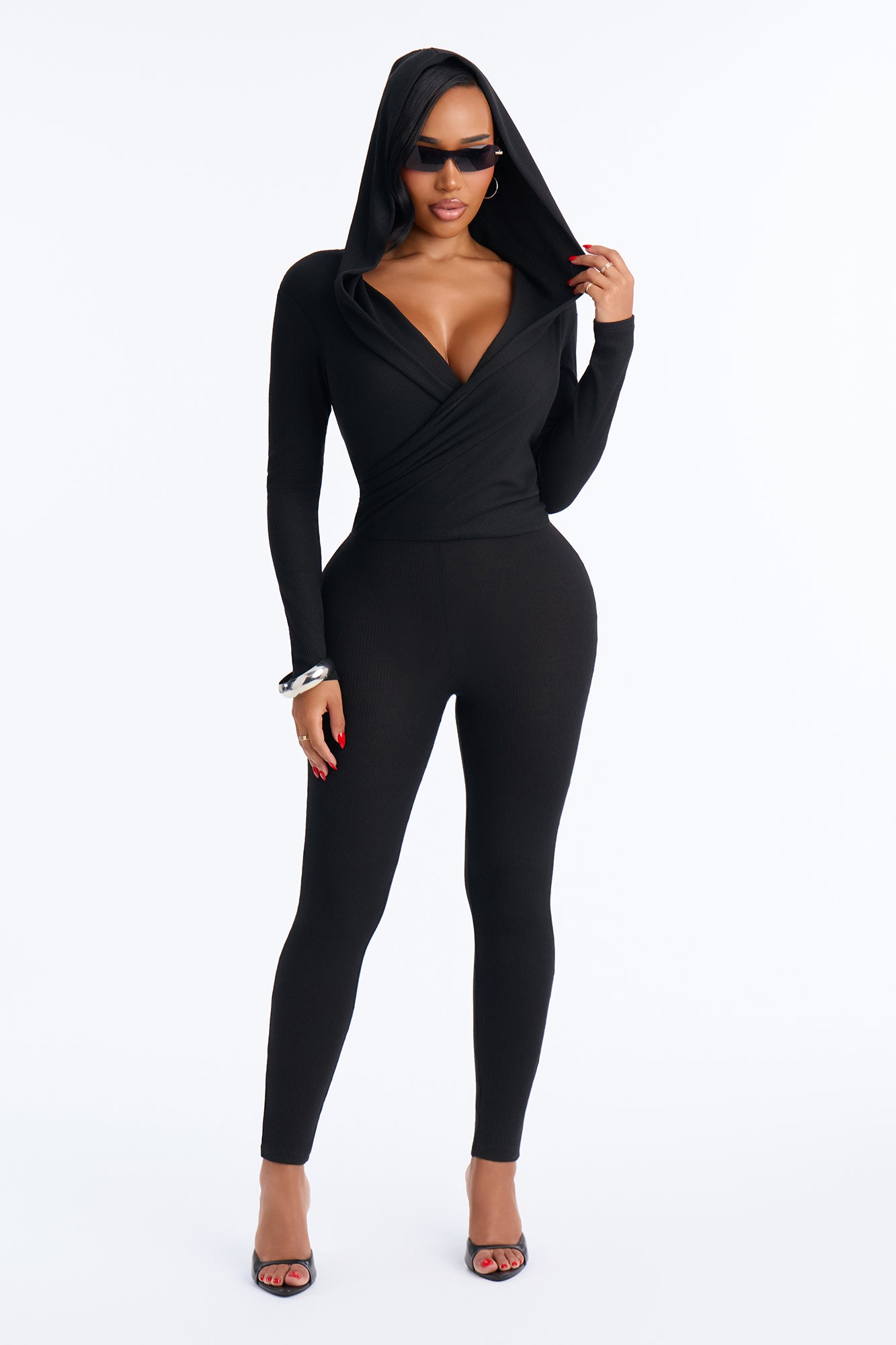 Autumn Hood Waffle Thermal Jumpsuit - Black