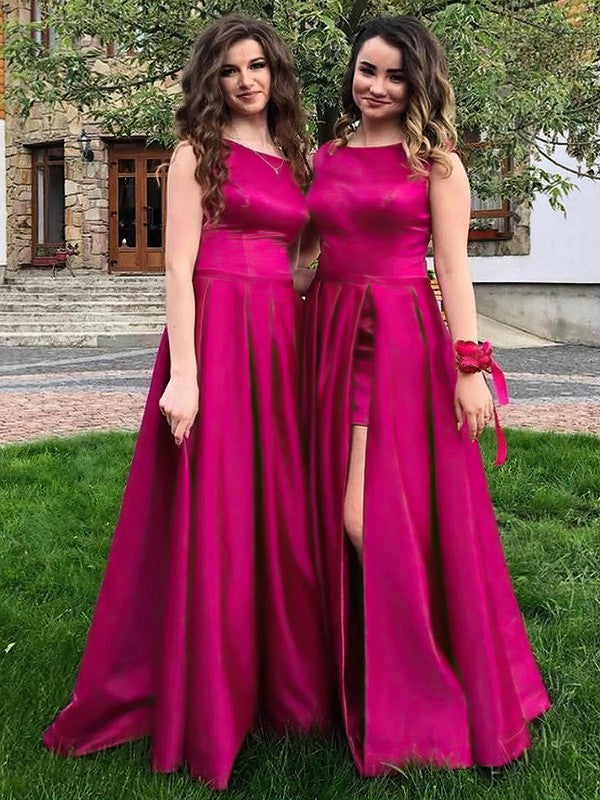 Elegant Satin Crew Neck A-Line Floor-Length Split Front Bridesmaid Dresses