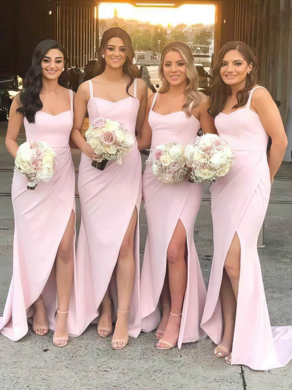 Elegant Sweetheart Sleeveless Split Front Sheath Satin Bridesmaid Dresses with Sweep Train
