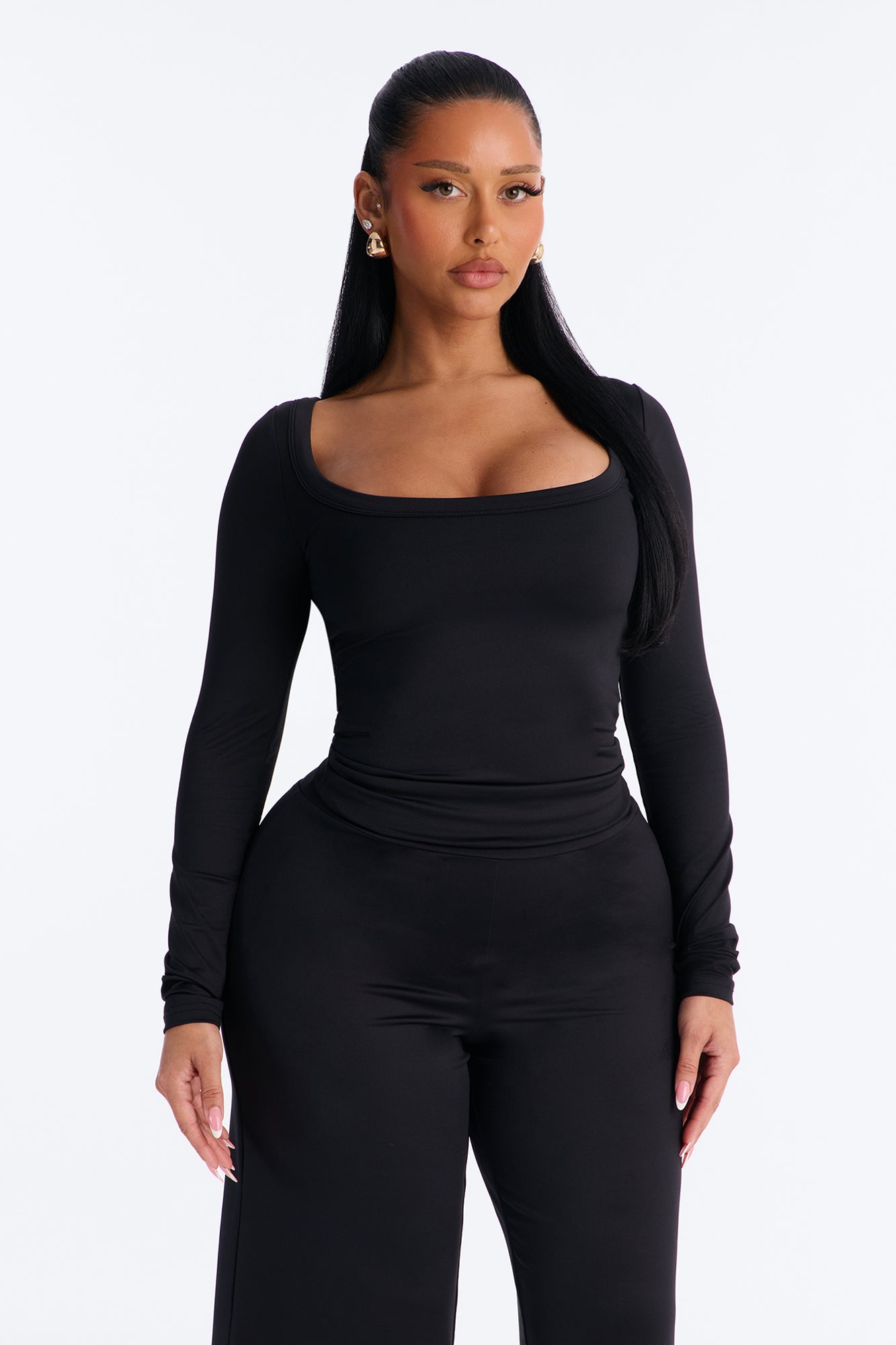 Contour Double Lined Deep Scoop Neck Long Sleeve Top - Black