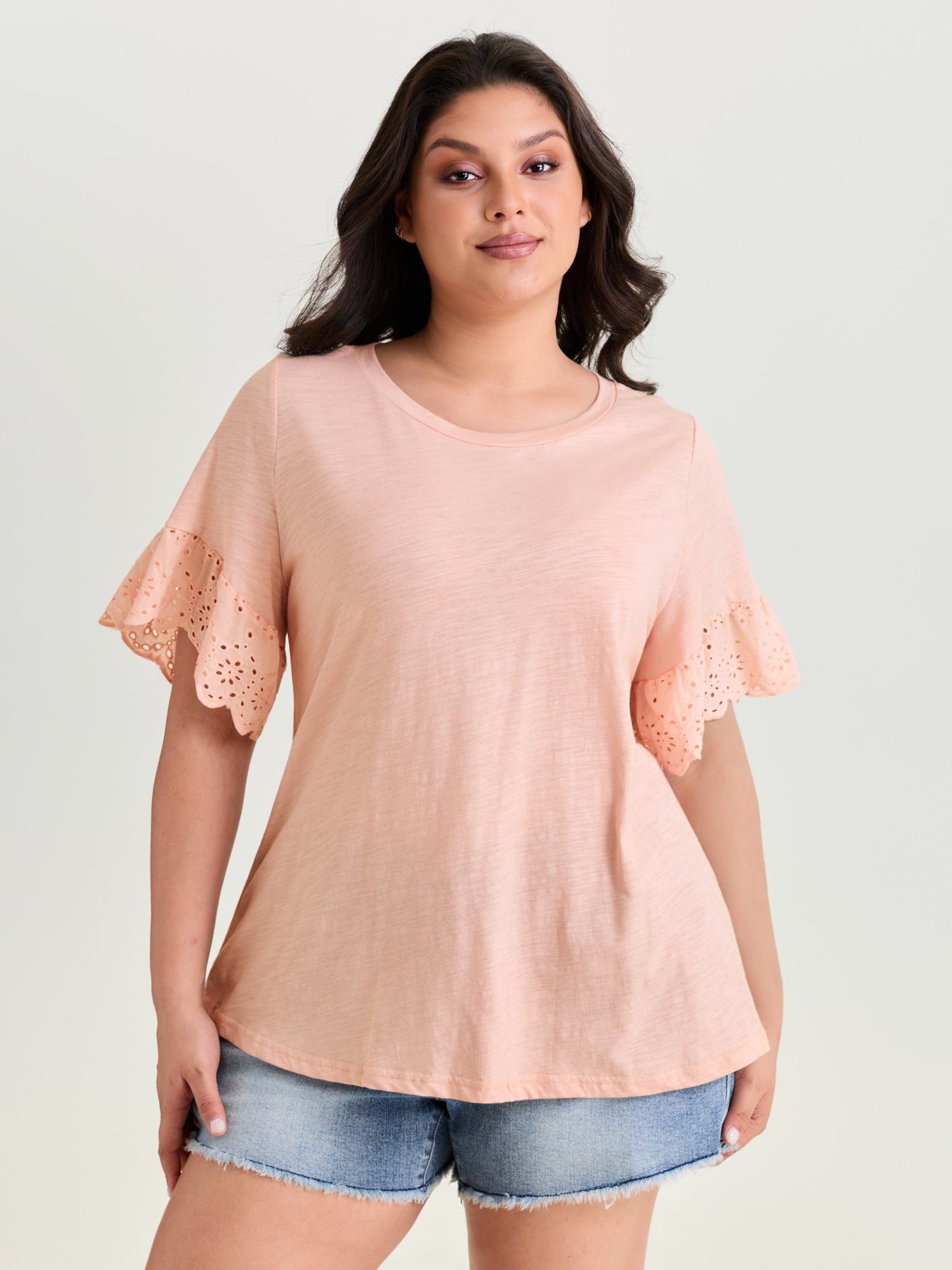 Cotton Lace Sleeve Relaxed-Fit T-Shirt